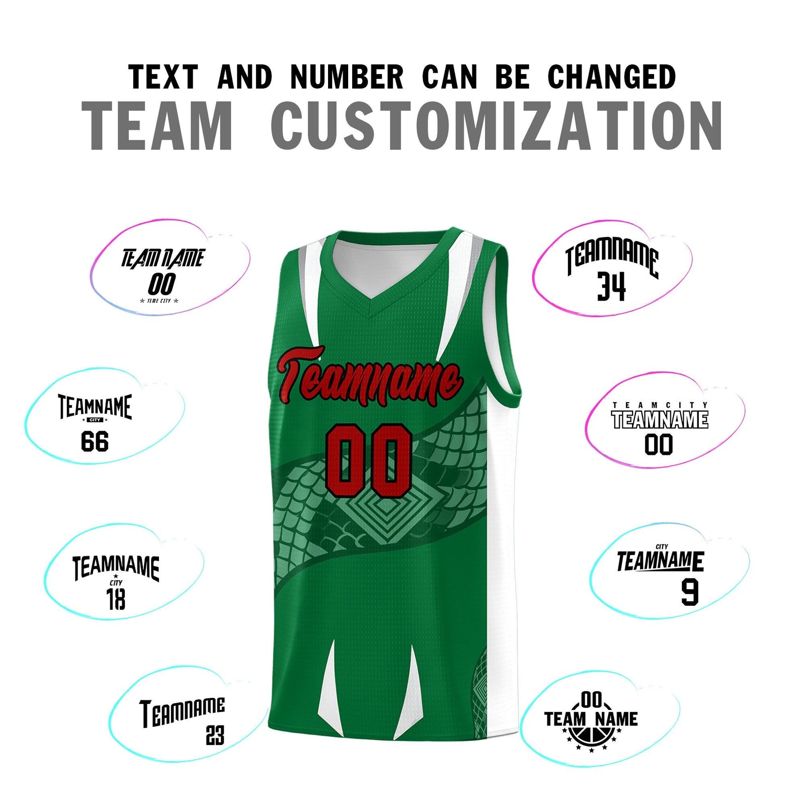 Custom Kelly Green White Snake Scale Venomous Fang Breathable Graffiti Pattern Basketball Suit Jersey