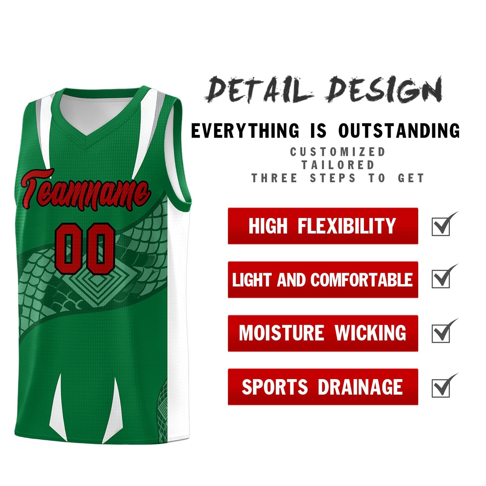 Custom Kelly Green White Snake Scale Venomous Fang Breathable Graffiti Pattern Basketball Suit Jersey