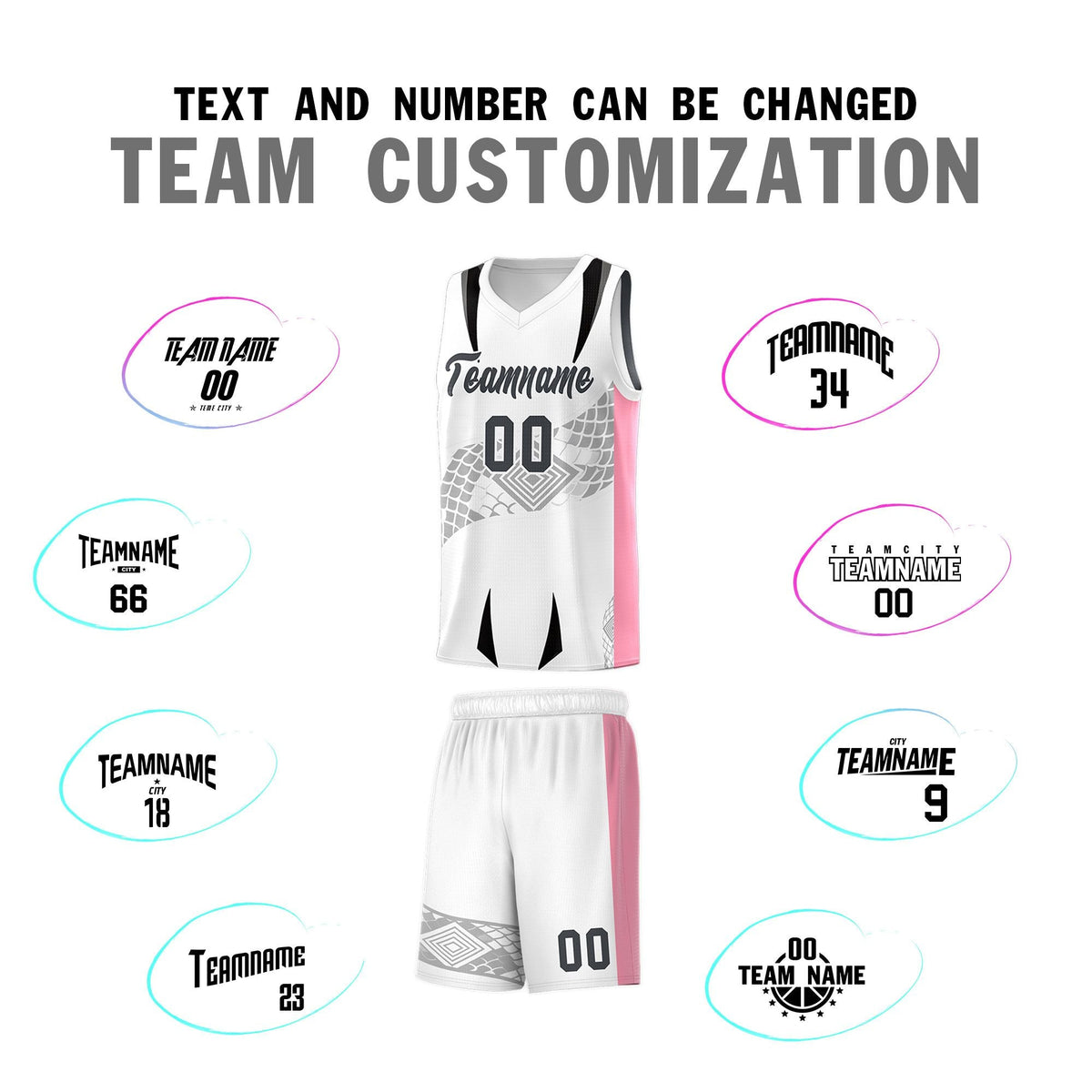 Custom White Light Pink Snake Scale Venomous Fang for Leagues Graffiti Pattern Basketball Suit Jersey