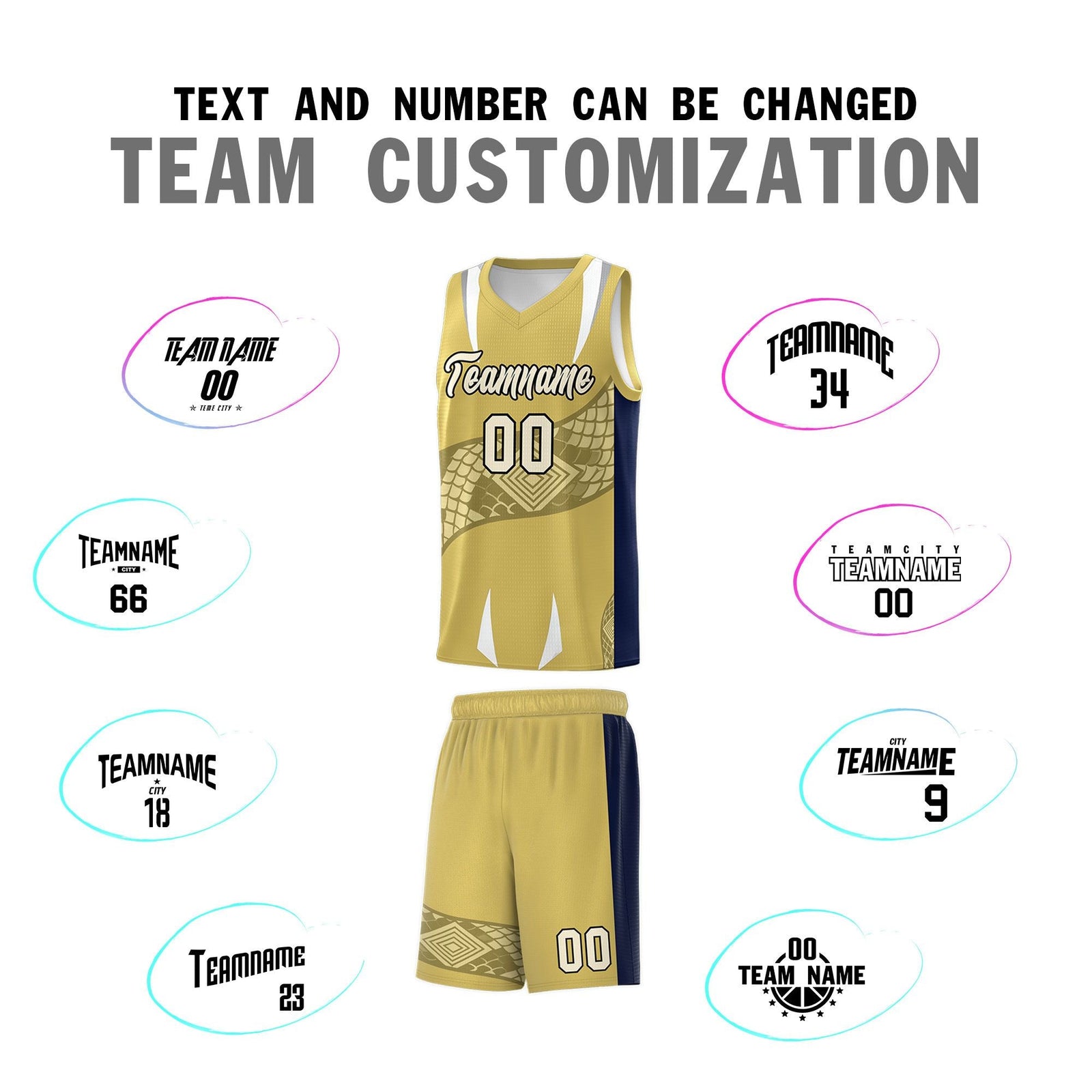 Custom Old Gold Navy Snake Scale Venomous Fang Drapable Graffiti Pattern Basketball Suit Jersey