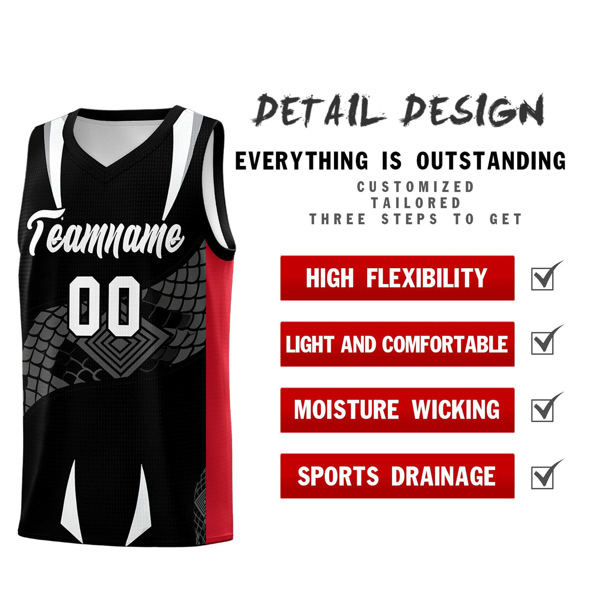 Custom Black Red  Snake Scale Venomous Fang Breathable Graffiti Pattern Basketball Suit Jersey