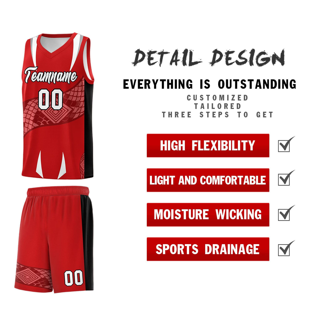 Custom Red Black Snake Scale Venomous Fang Drapable Graffiti Pattern Basketball Suit Jersey