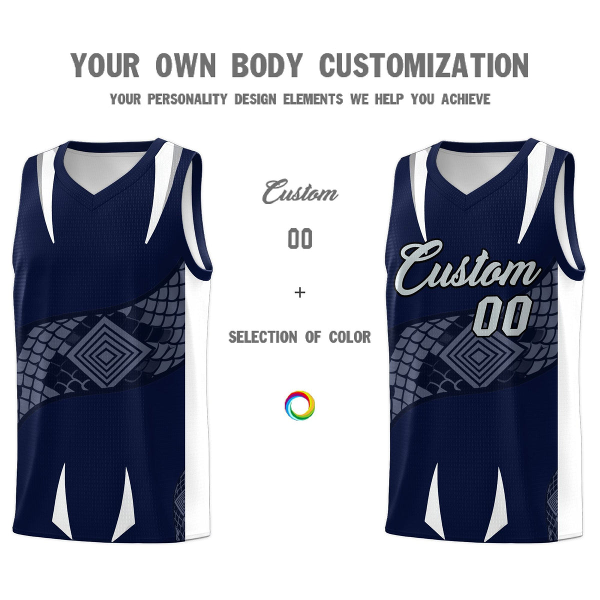 Custom Navy White Snake Scale Venomous Fang Lightweight Graffiti Pattern Basketball Suit Jersey