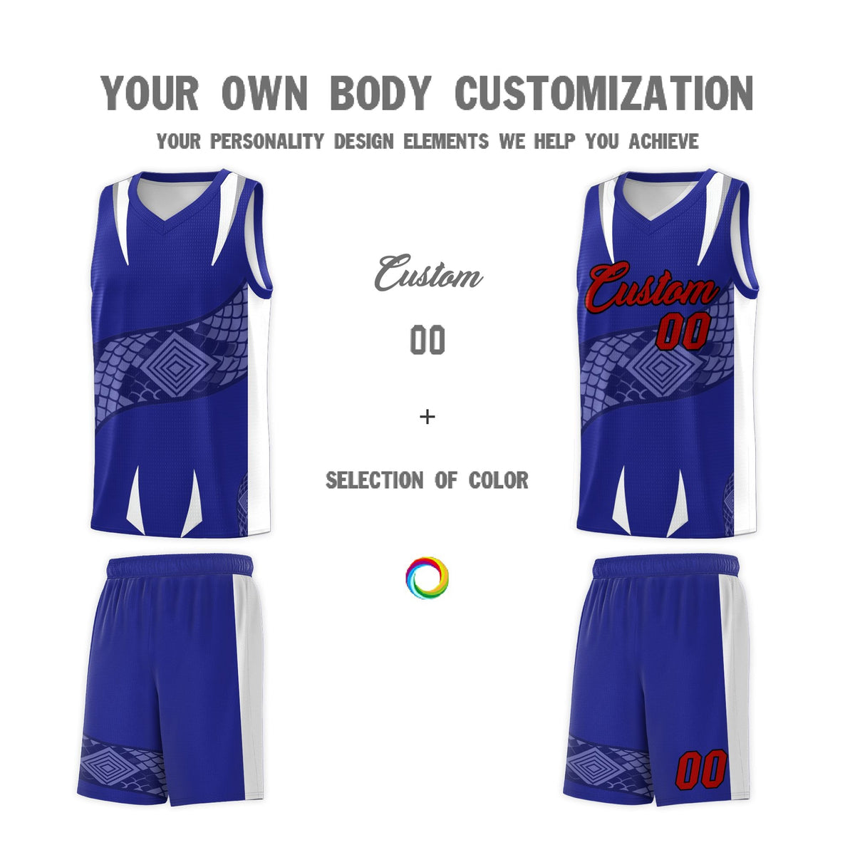 Custom Royal White Snake Scale Venomous Fang Drapable Graffiti Pattern Basketball Suit Jersey