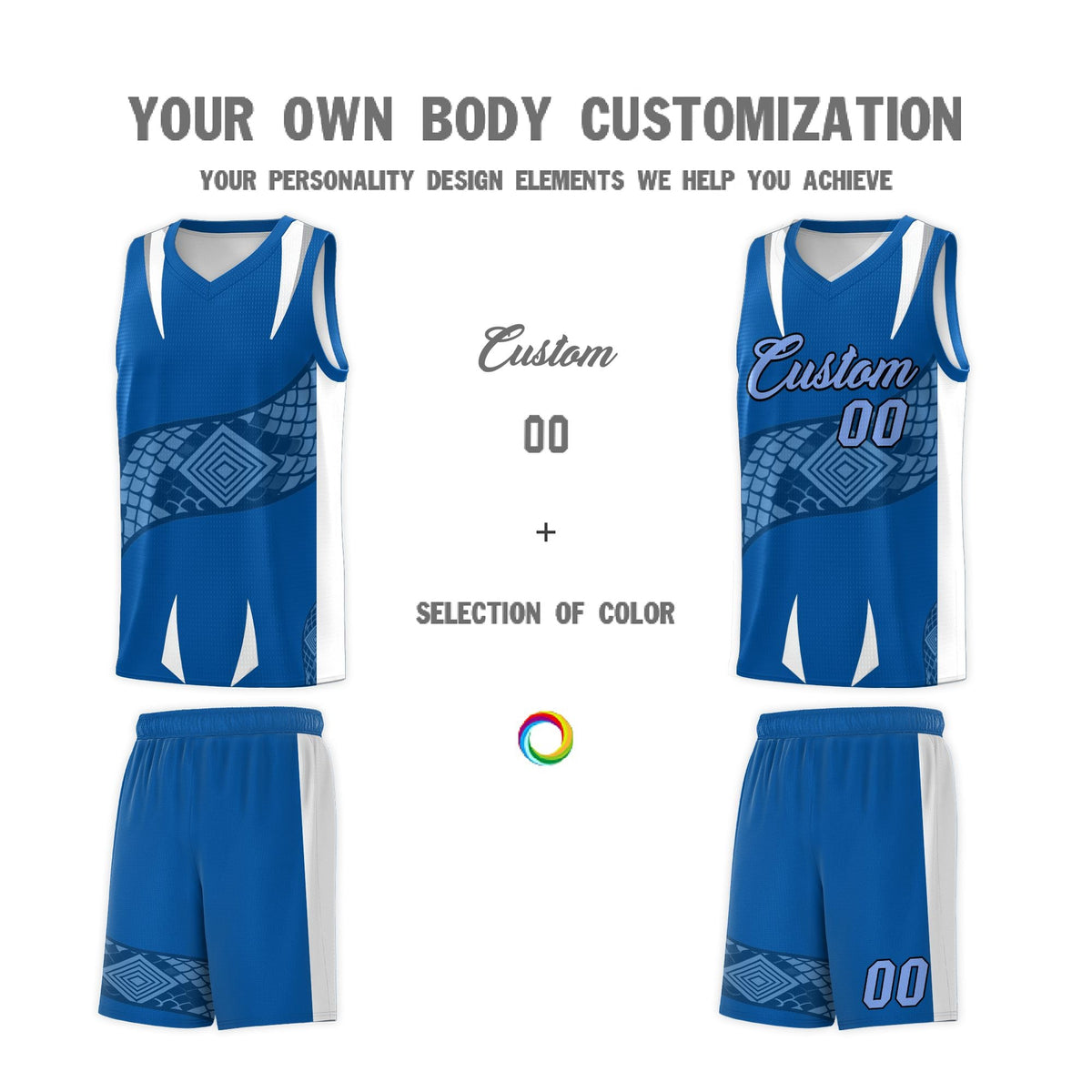 Custom Royal White Snake Scale Venomous Fang Breathable Graffiti Pattern Basketball Suit Jersey
