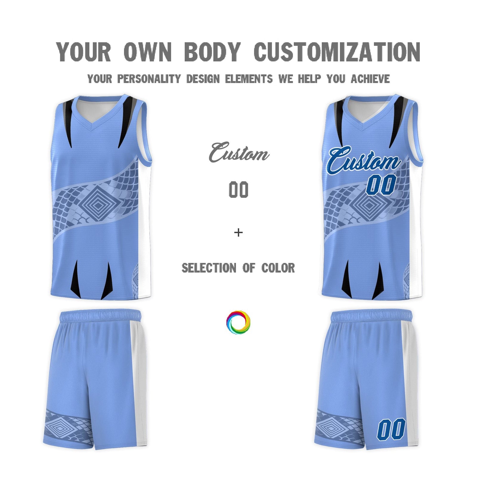 Custom Light Blue White Snake Scale Venomous Fang for Clubs Graffiti Pattern Basketball Suit Jersey