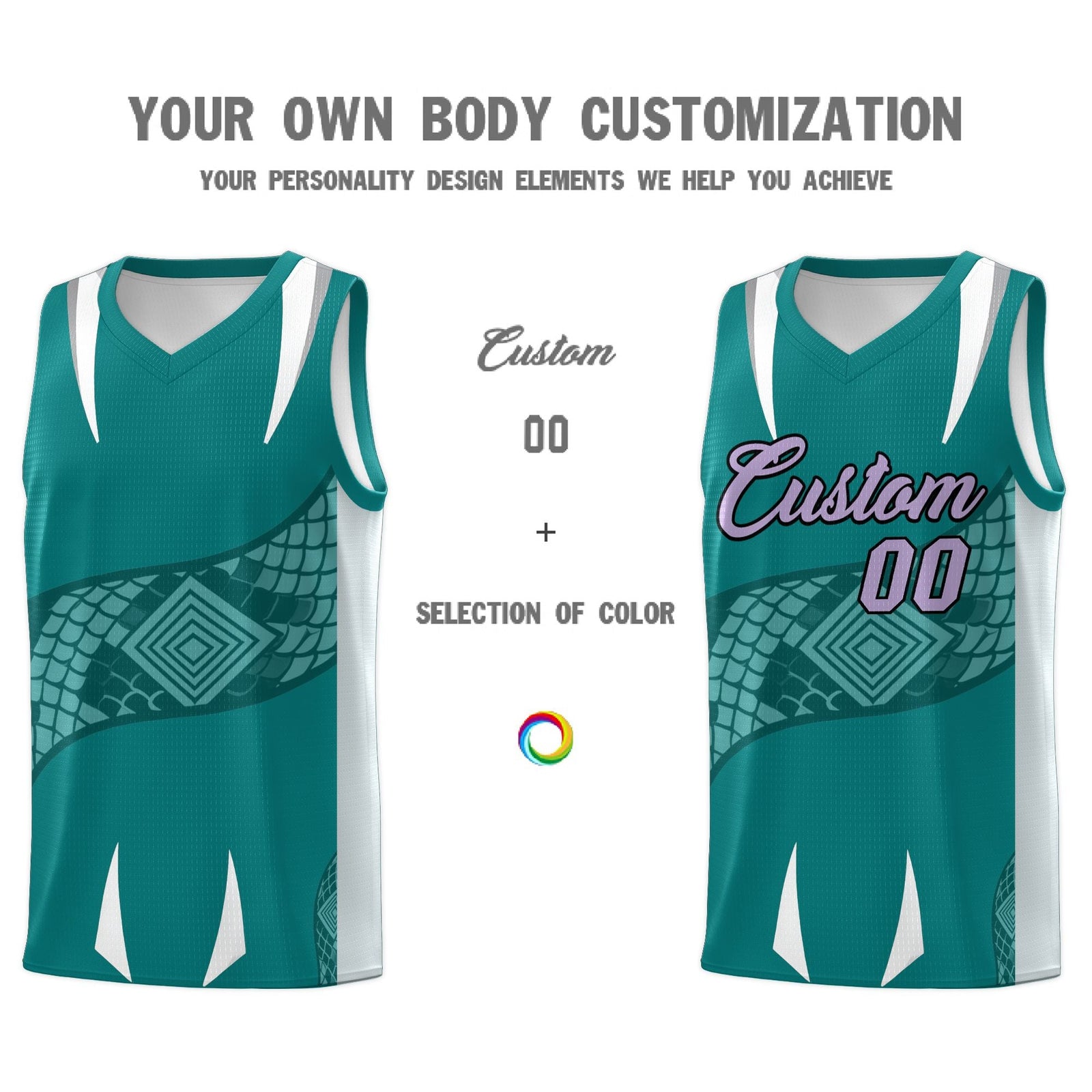 Custom Teal Silver Snake Scale Venomous Fang Breathable Graffiti Pattern Basketball Suit Jersey