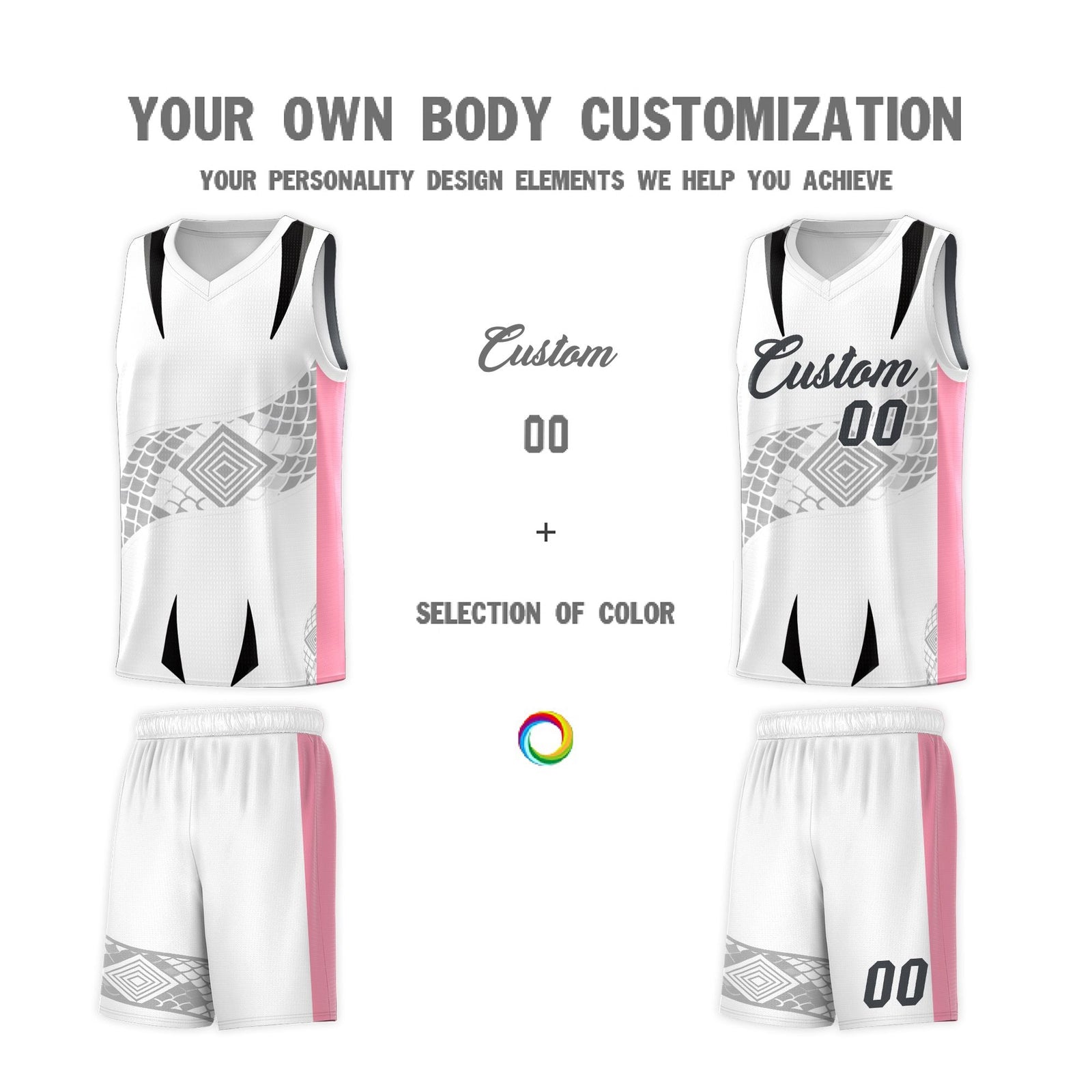 Custom White Light Pink Snake Scale Venomous Fang for Leagues Graffiti Pattern Basketball Suit Jersey