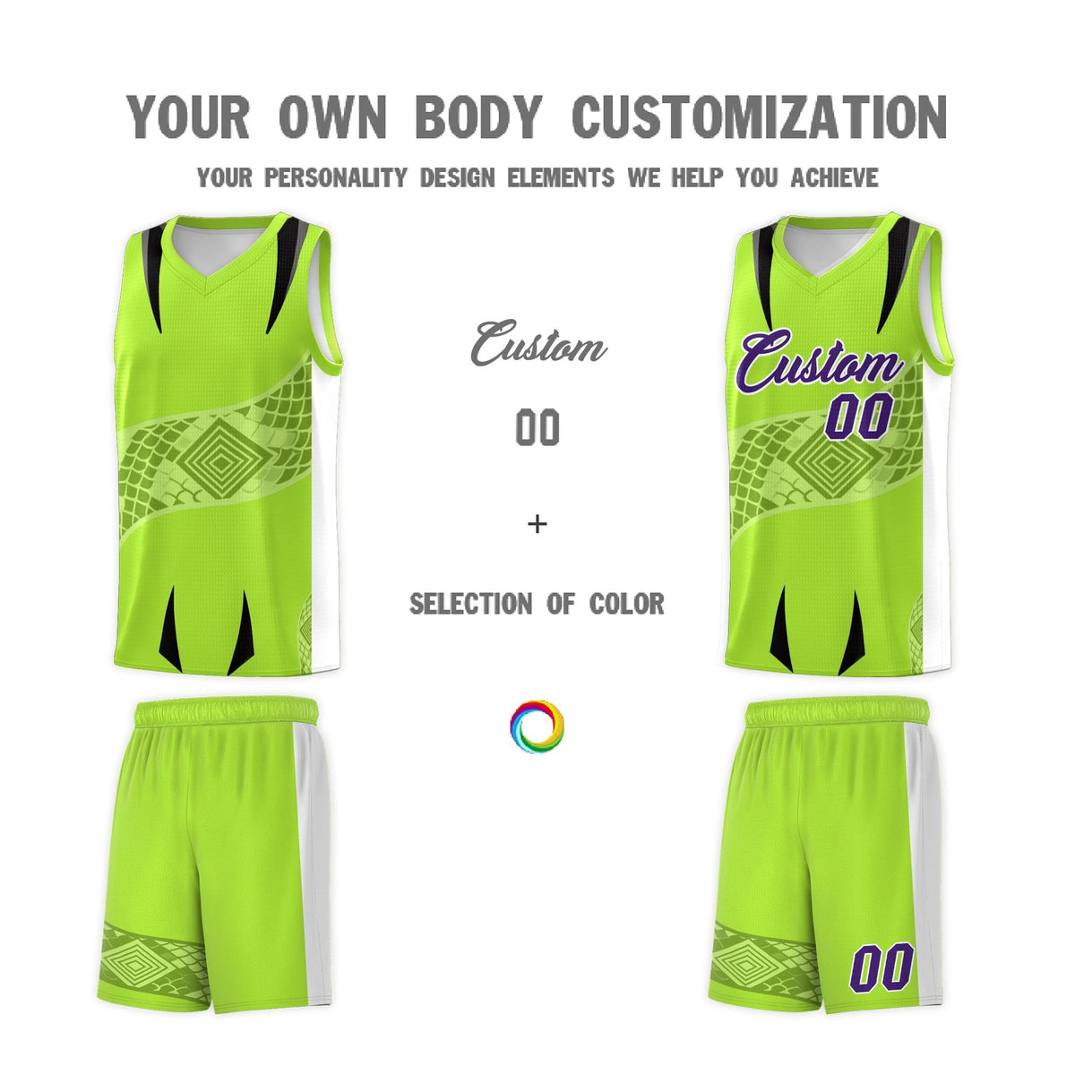 Custom Neon Green White Snake Scale Venomous Fang for Clubs Graffiti Pattern Basketball Suit Jersey