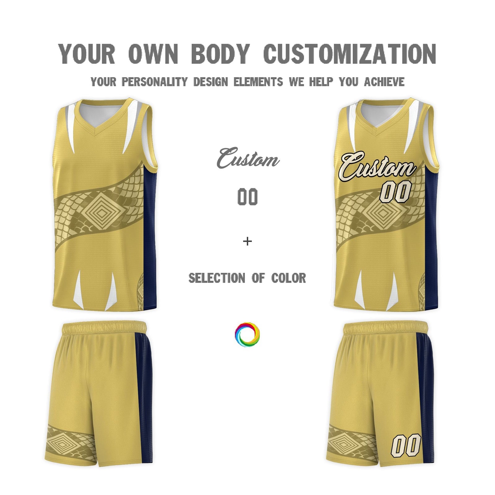 Custom Old Gold Navy Snake Scale Venomous Fang Drapable Graffiti Pattern Basketball Suit Jersey