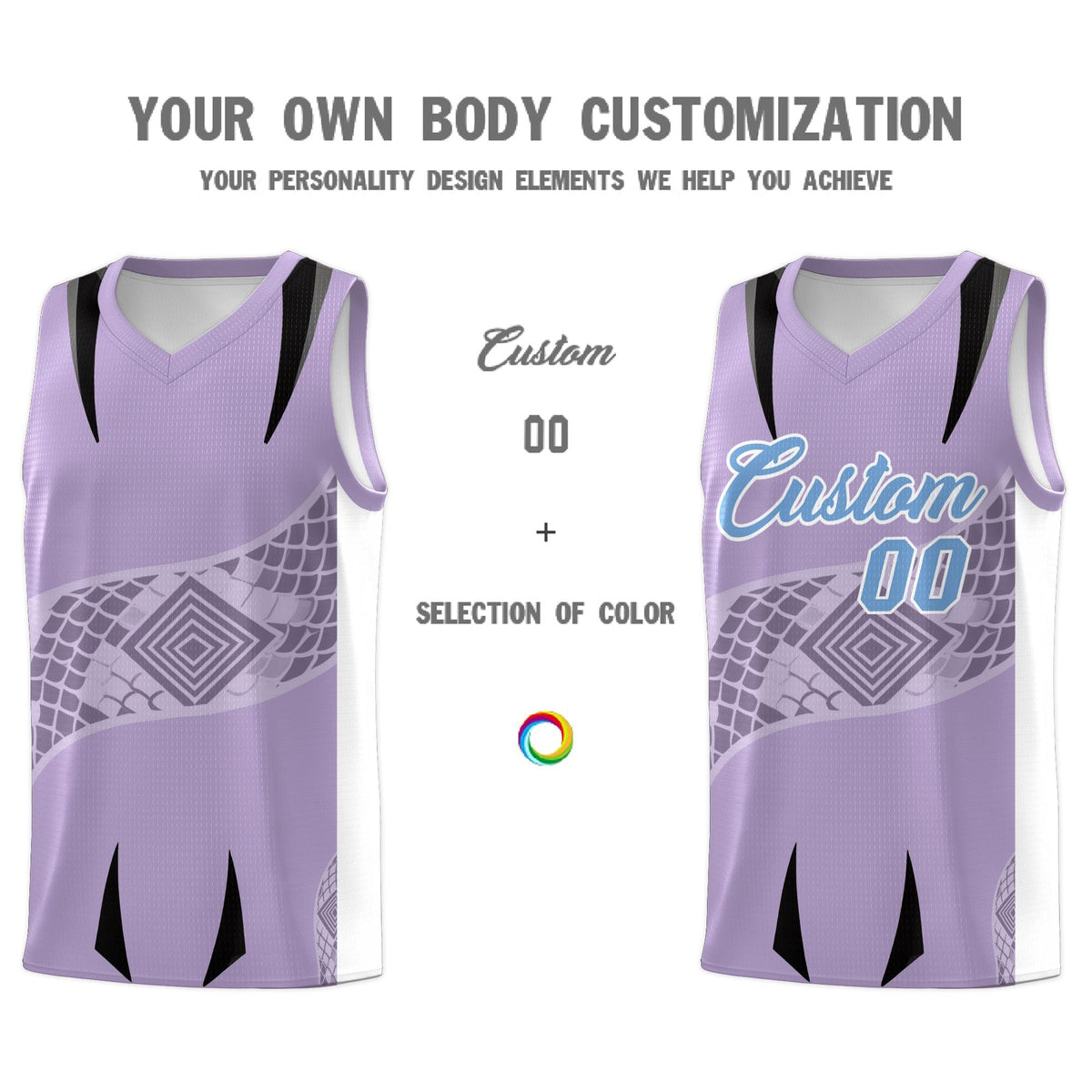 Custom Light Purple White Snake Scale Venomous Fang for Team Graffiti Pattern Basketball Suit Jersey