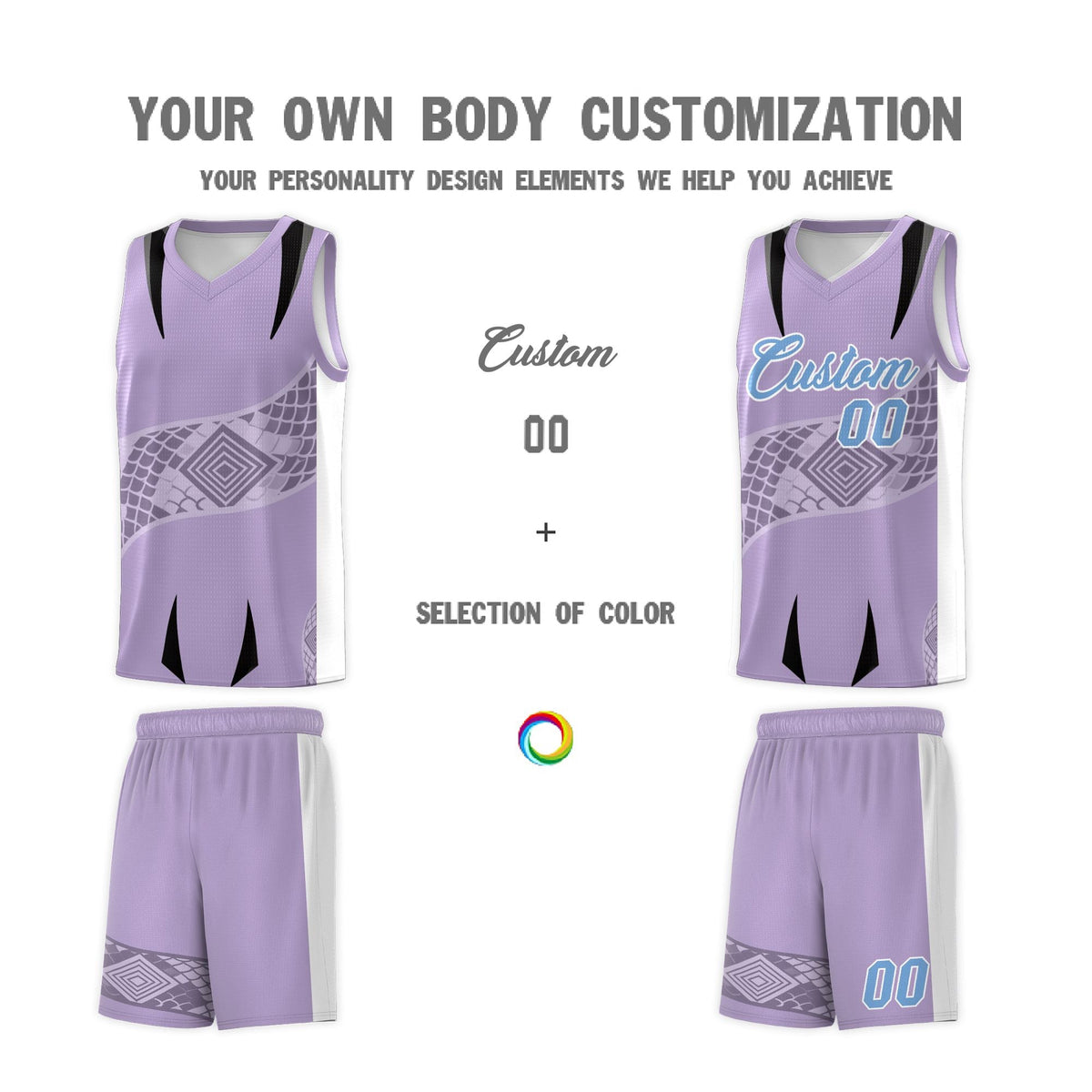 Custom Light Purple White Snake Scale Venomous Fang for Team Graffiti Pattern Basketball Suit Jersey