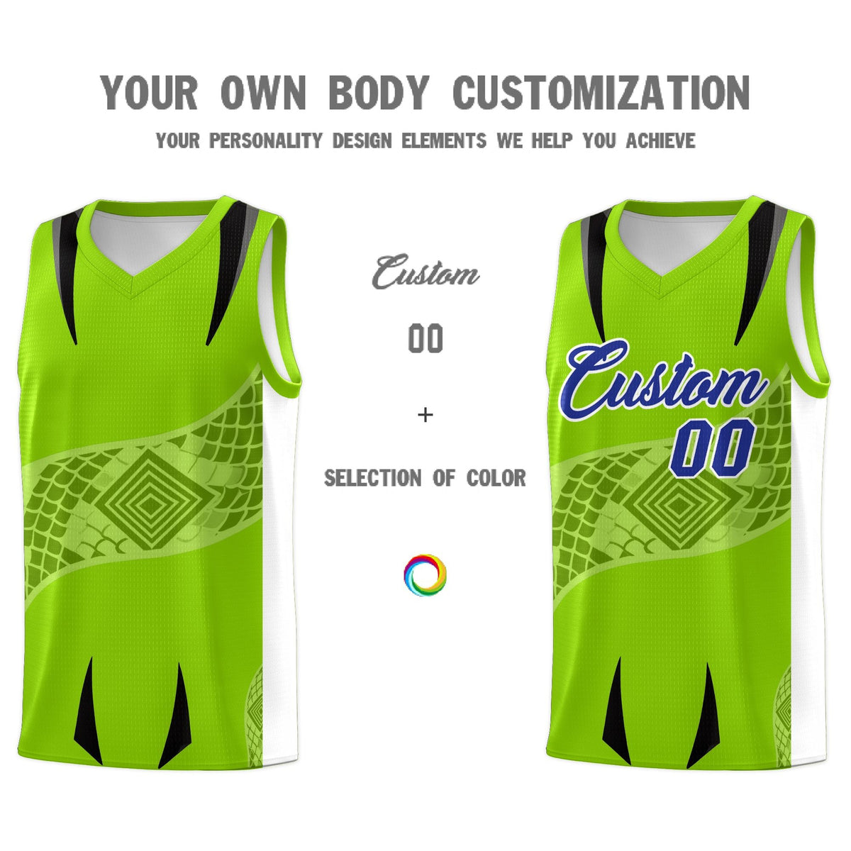 Custom Neon Green White Snake Scale Venomous Fang for Leagues Graffiti Pattern Basketball Suit Jersey