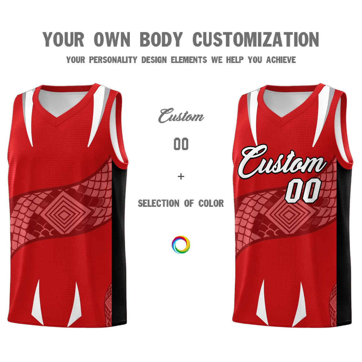 Custom Red Black Snake Scale Venomous Fang Drapable Graffiti Pattern Basketball Suit Jersey