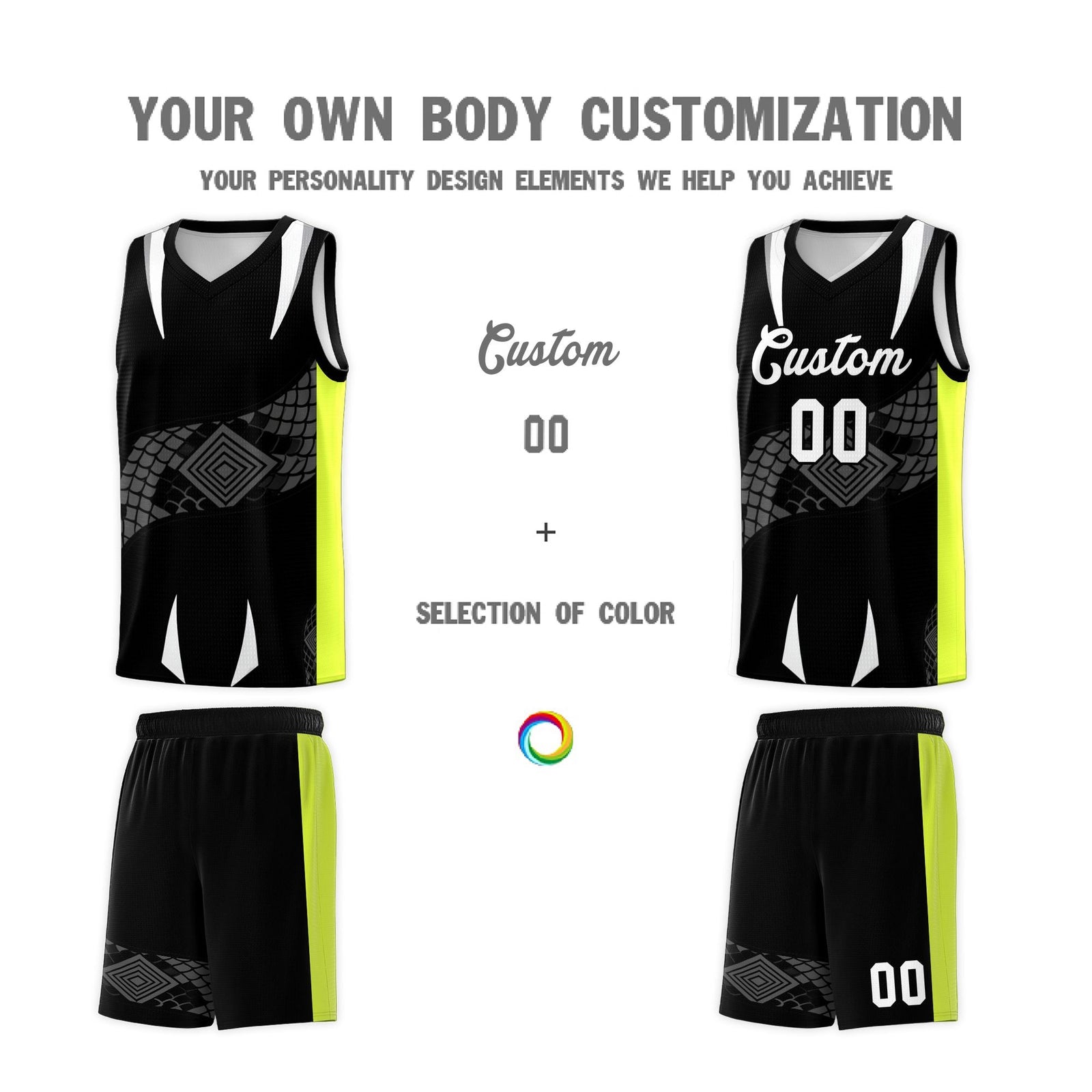 Custom Black Neon Green Snake Scale Venomous Fang Breathable Graffiti Pattern Basketball Suit Jersey