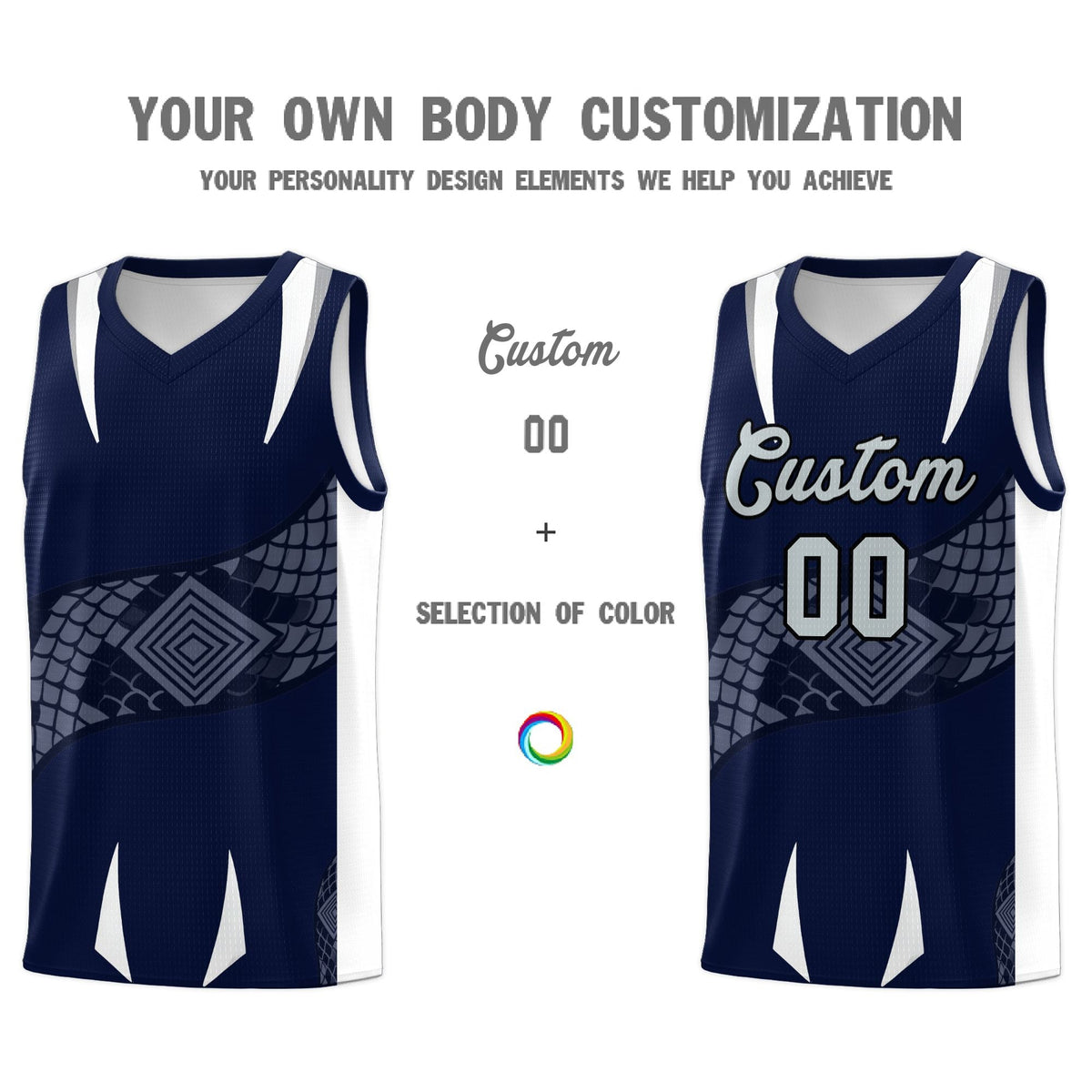 Custom Navy White Snake Scale Venomous Fang Lightweight Graffiti Pattern Basketball Suit Jersey