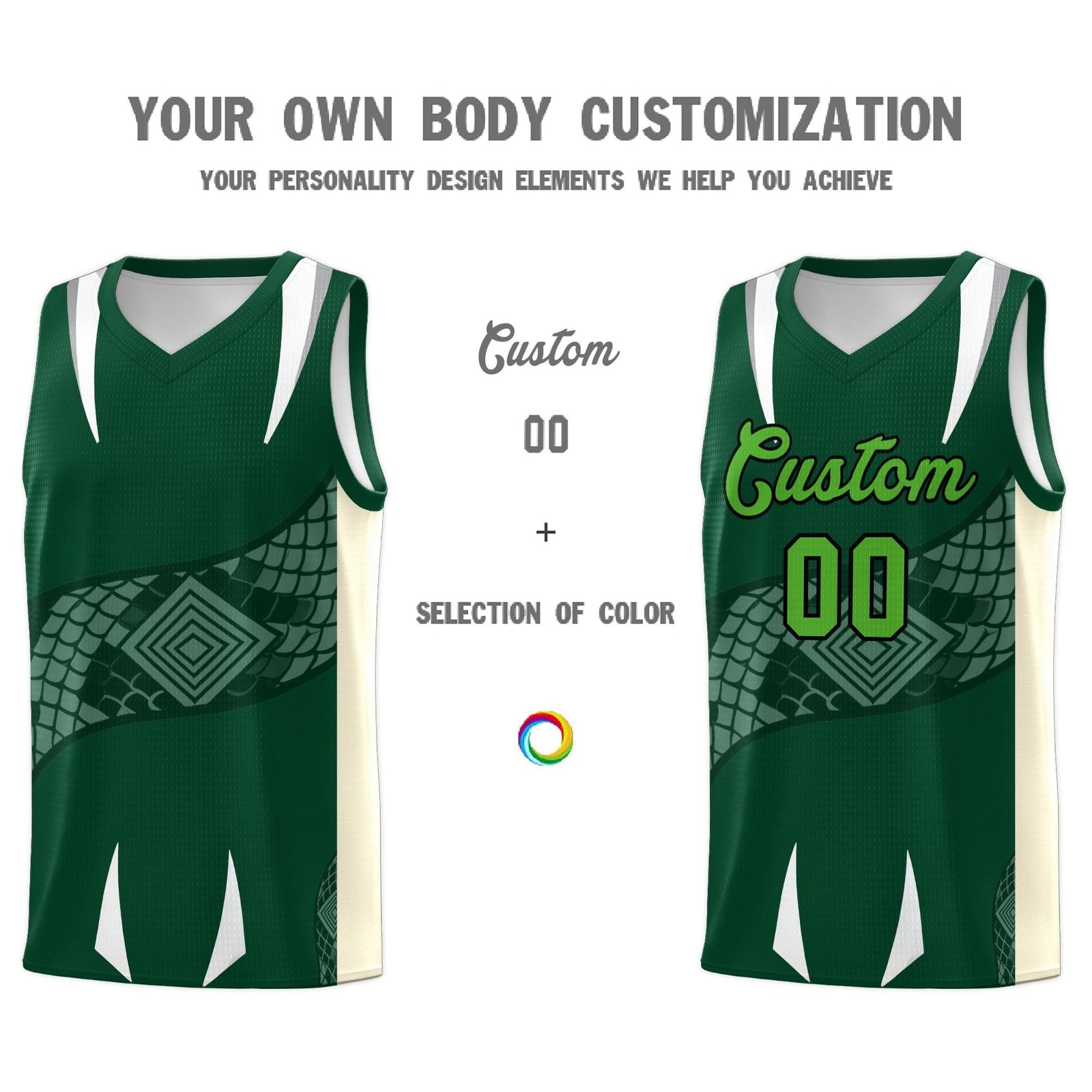 Custom Green Cream Snake Scale Venomous Fang Lightweight Graffiti Pattern Basketball Suit Jersey