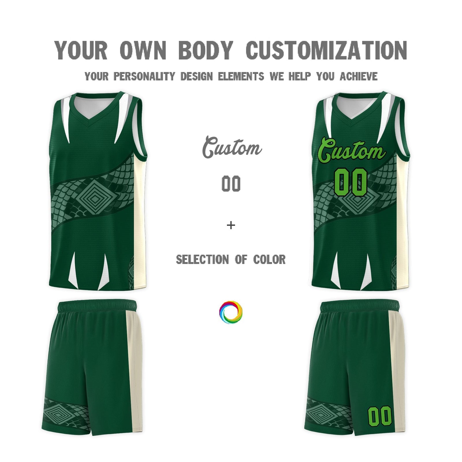 Custom Green Cream Snake Scale Venomous Fang Lightweight Graffiti Pattern Basketball Suit Jersey