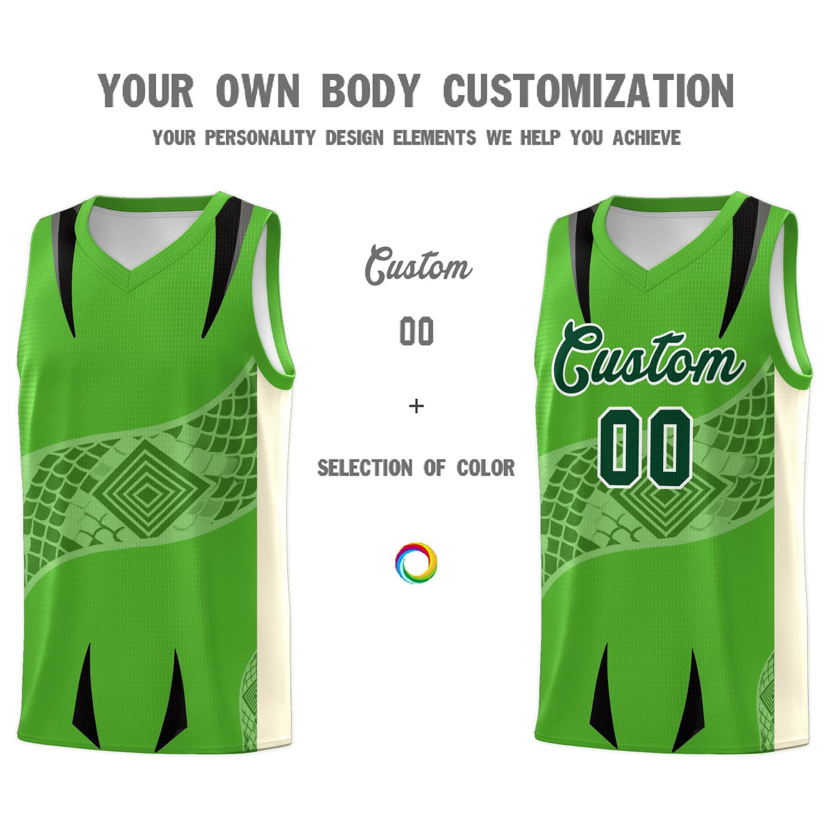 Custom Light Green Cream Snake Scale Venomous Fang for Team Graffiti Pattern Basketball Suit Jersey