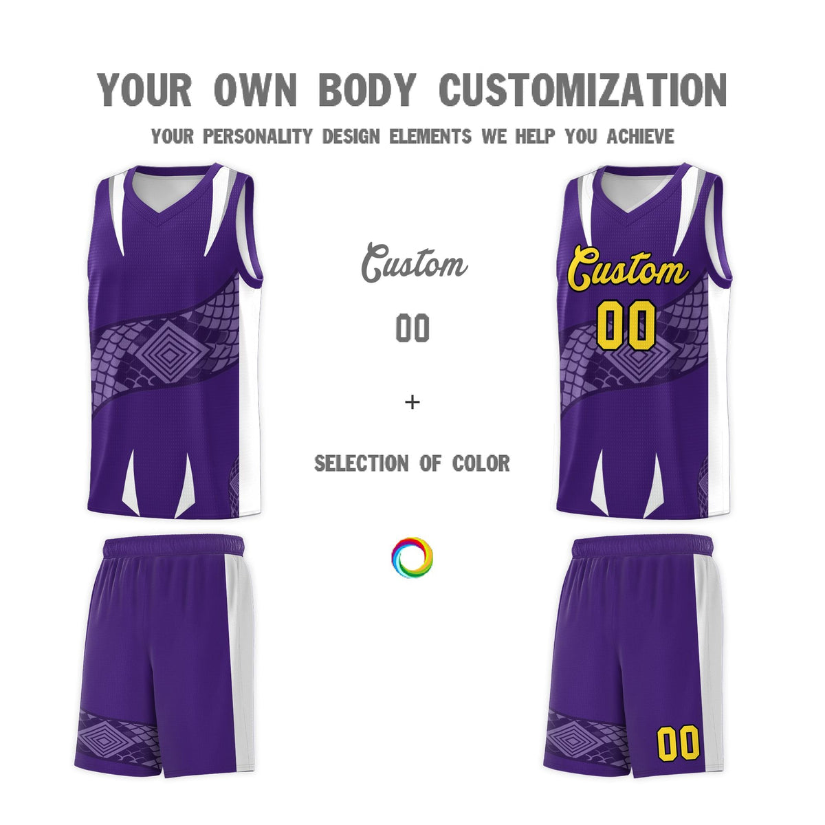 Custom Purple White Snake Scale Venomous Fang Drapable Graffiti Pattern Basketball Suit Jersey