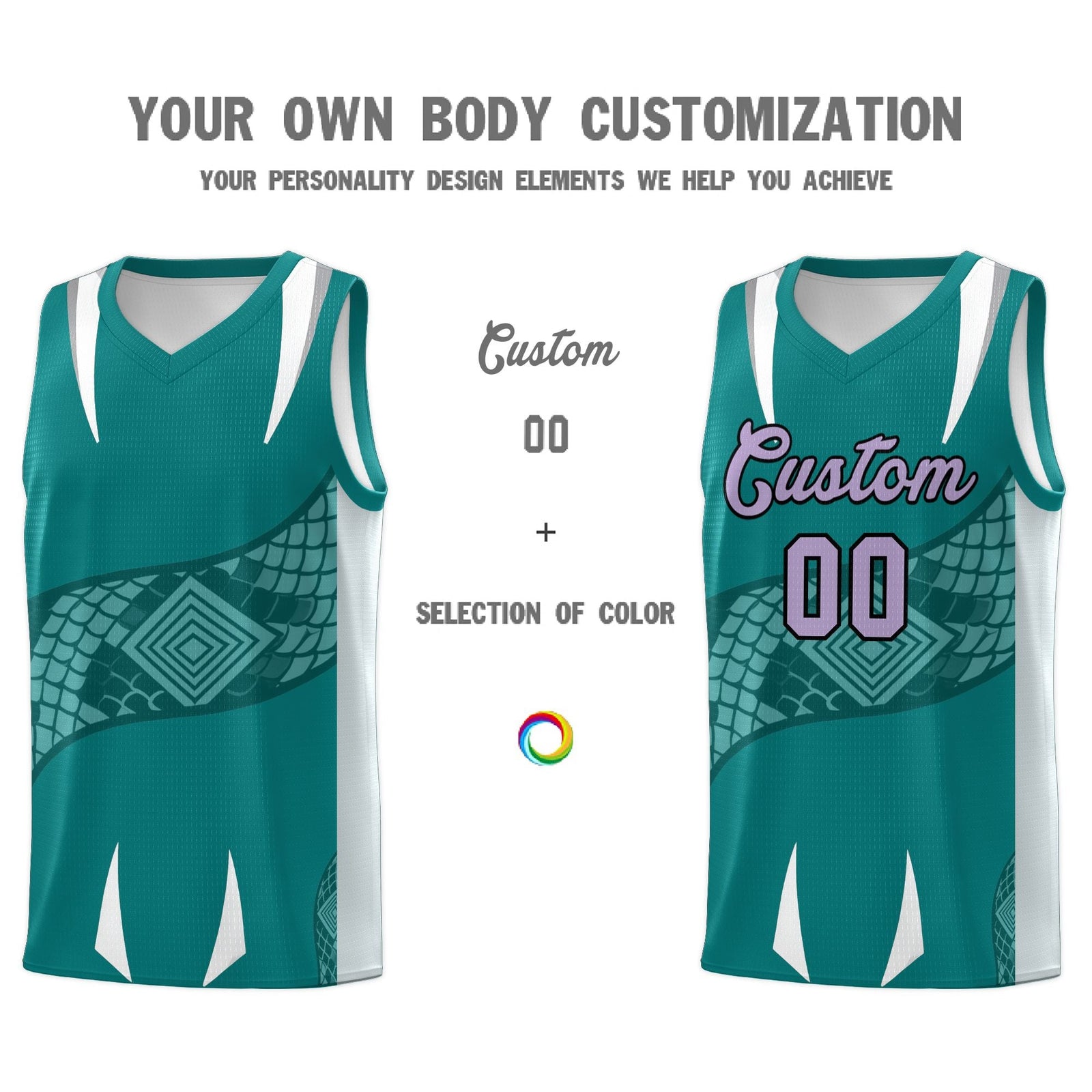 Custom Teal Silver Snake Scale Venomous Fang Breathable Graffiti Pattern Basketball Suit Jersey
