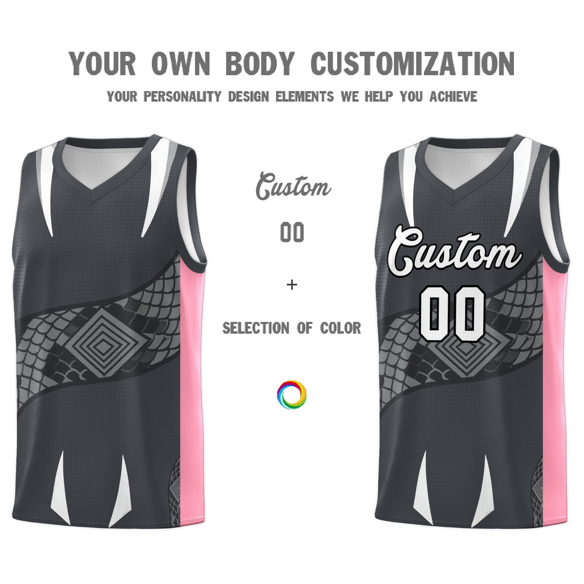 Custom Gray Light Pink Snake Scale Venomous Fang Drapable Graffiti Pattern Basketball Suit Jersey
