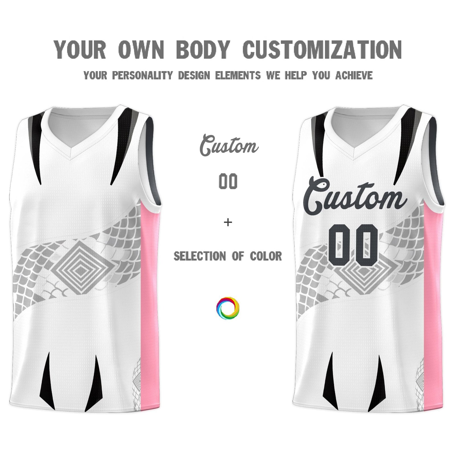 Custom White Light Pink Snake Scale Venomous Fang for Leagues Graffiti Pattern Basketball Suit Jersey