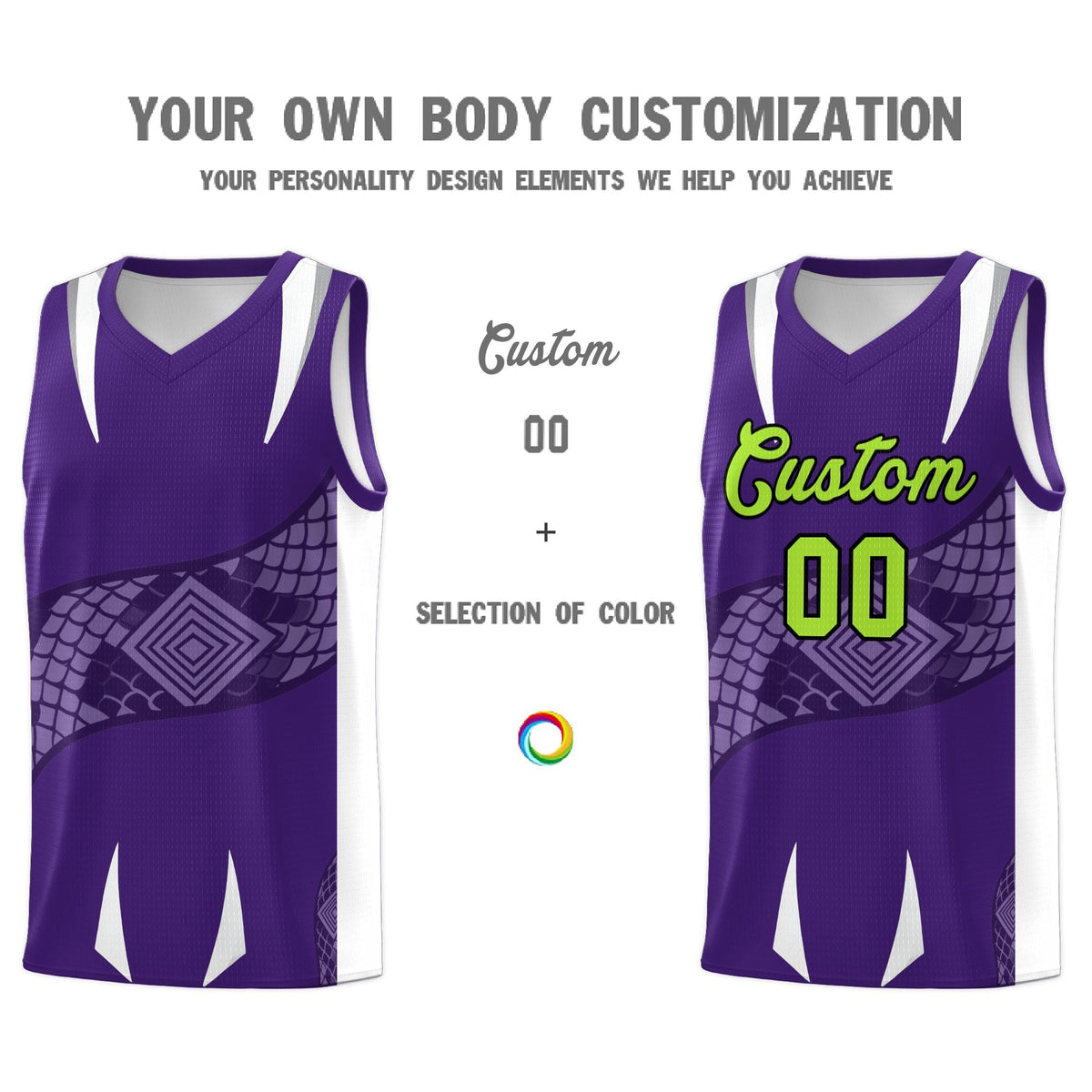 Custom Purple White Snake Scale Venomous Fang Breathable Graffiti Pattern Basketball Suit Jersey