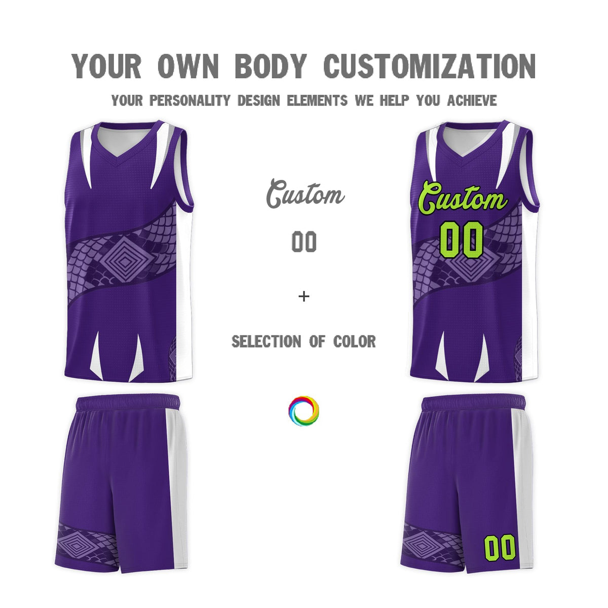 Custom Purple White Snake Scale Venomous Fang Breathable Graffiti Pattern Basketball Suit Jersey