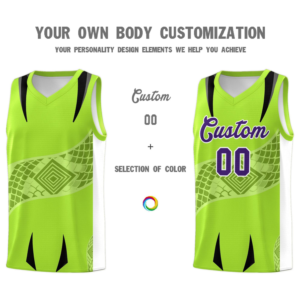 Custom Neon Green White Snake Scale Venomous Fang for Clubs Graffiti Pattern Basketball Suit Jersey