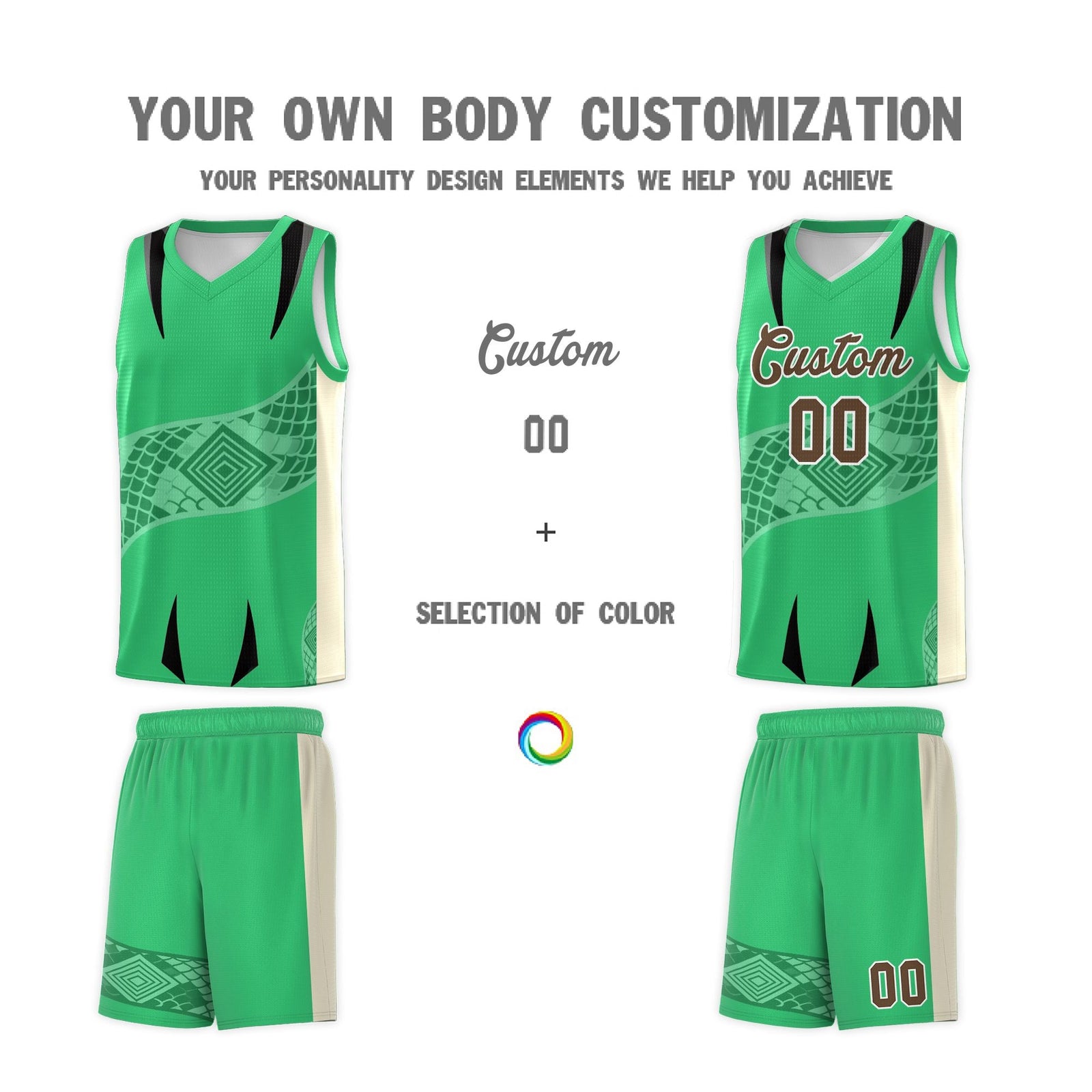 Custom Green Light Khaki Snake Scale Venomous Fang for Clubs Graffiti Pattern Basketball Suit Jersey