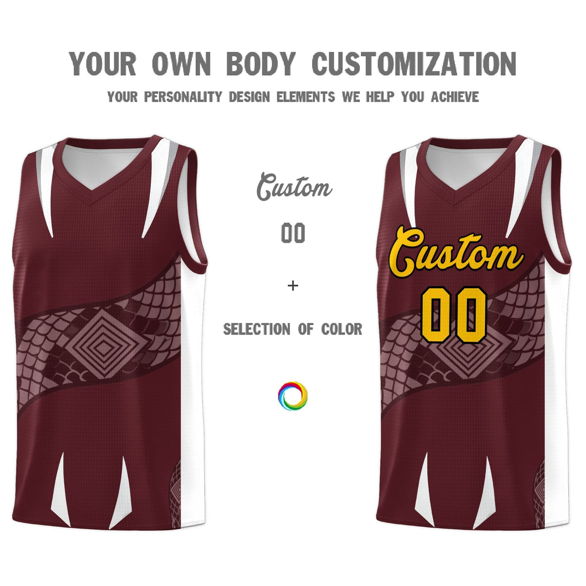 Custom Burgundy White Snake Scale Venomous Fang Drapable Graffiti Pattern Basketball Suit Jersey