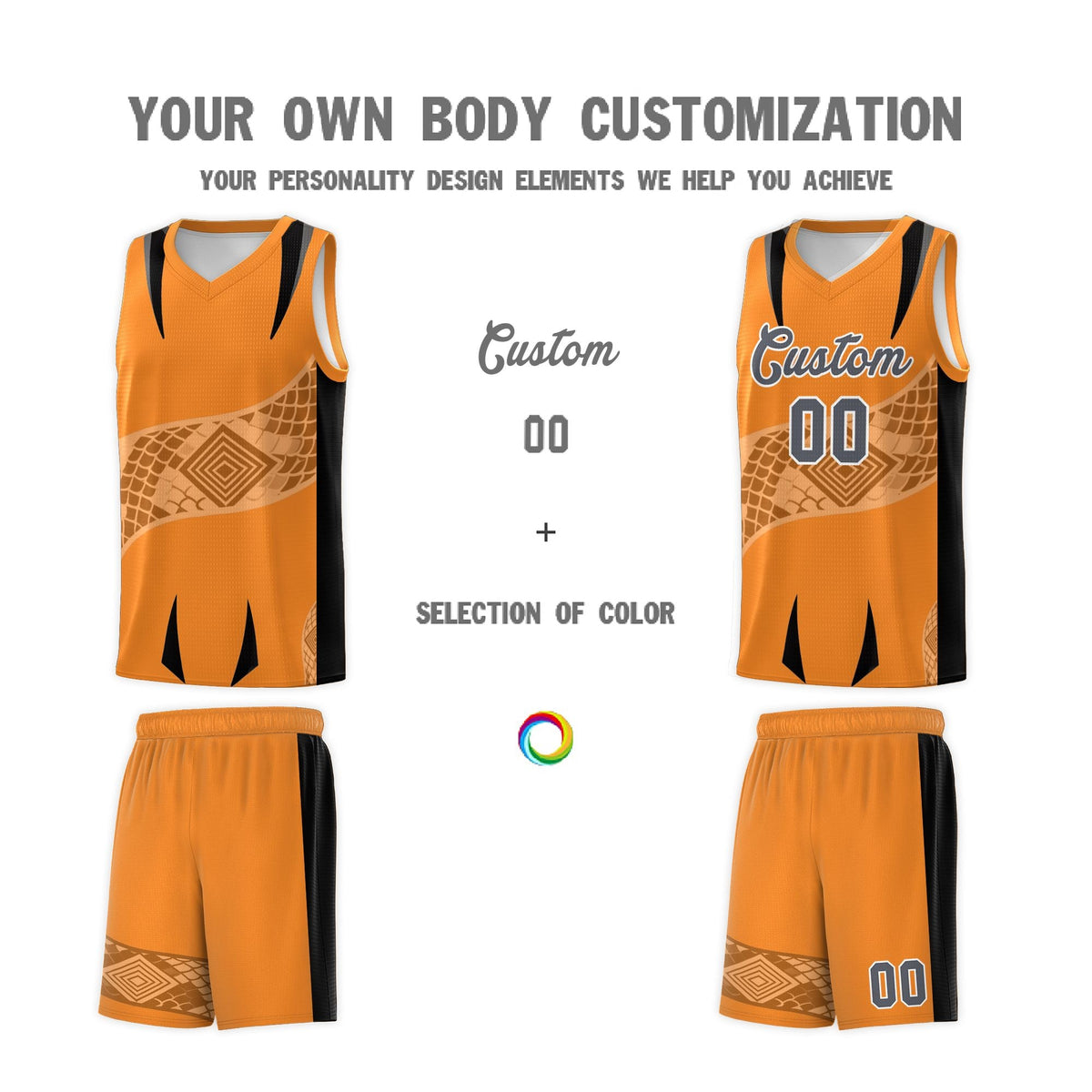 Custom Orange Black Snake Scale Venomous Fang for Clubs Graffiti Pattern Basketball Suit Jersey