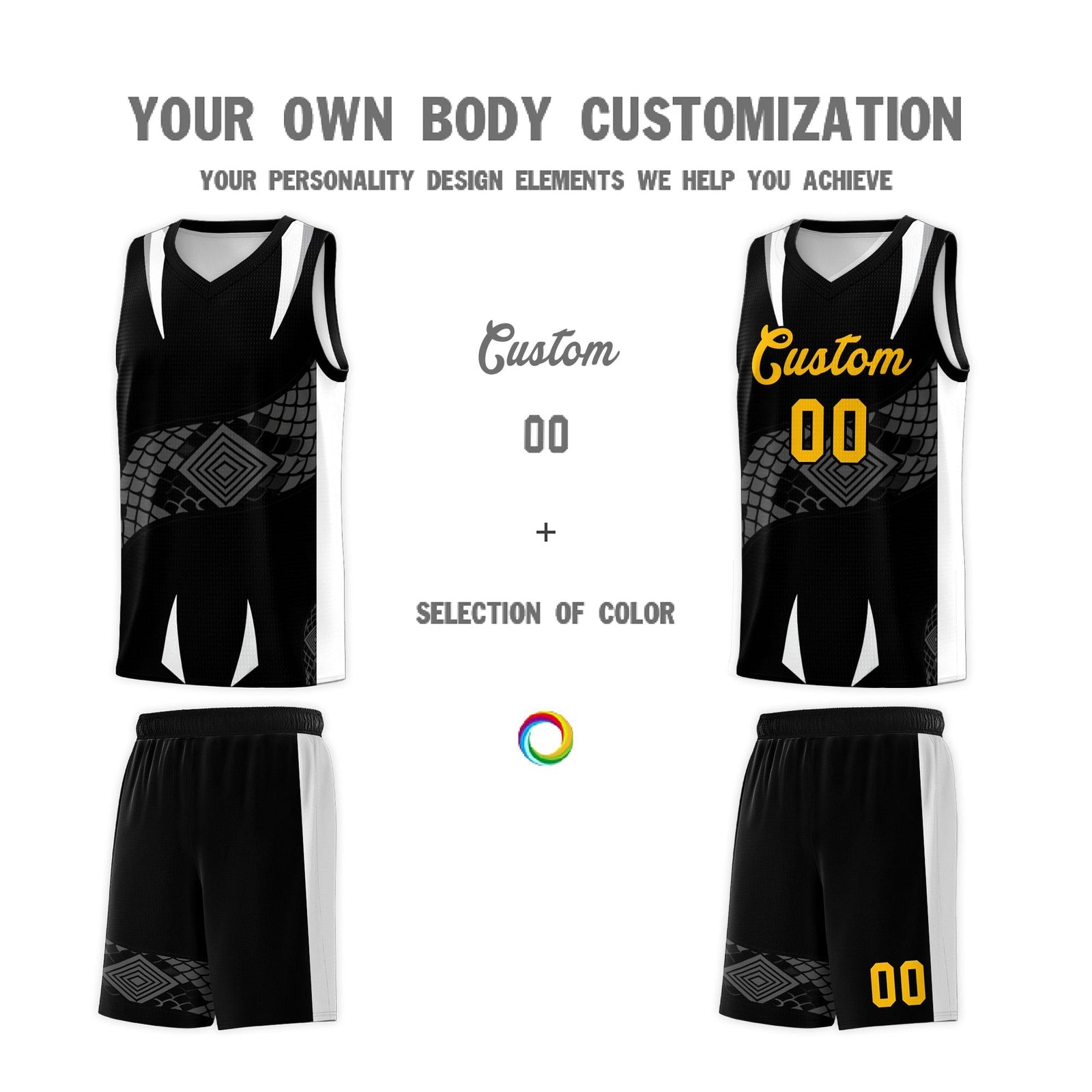 Custom Black White Snake Scale Venomous Fang Lightweight Graffiti Pattern Basketball Suit Jersey