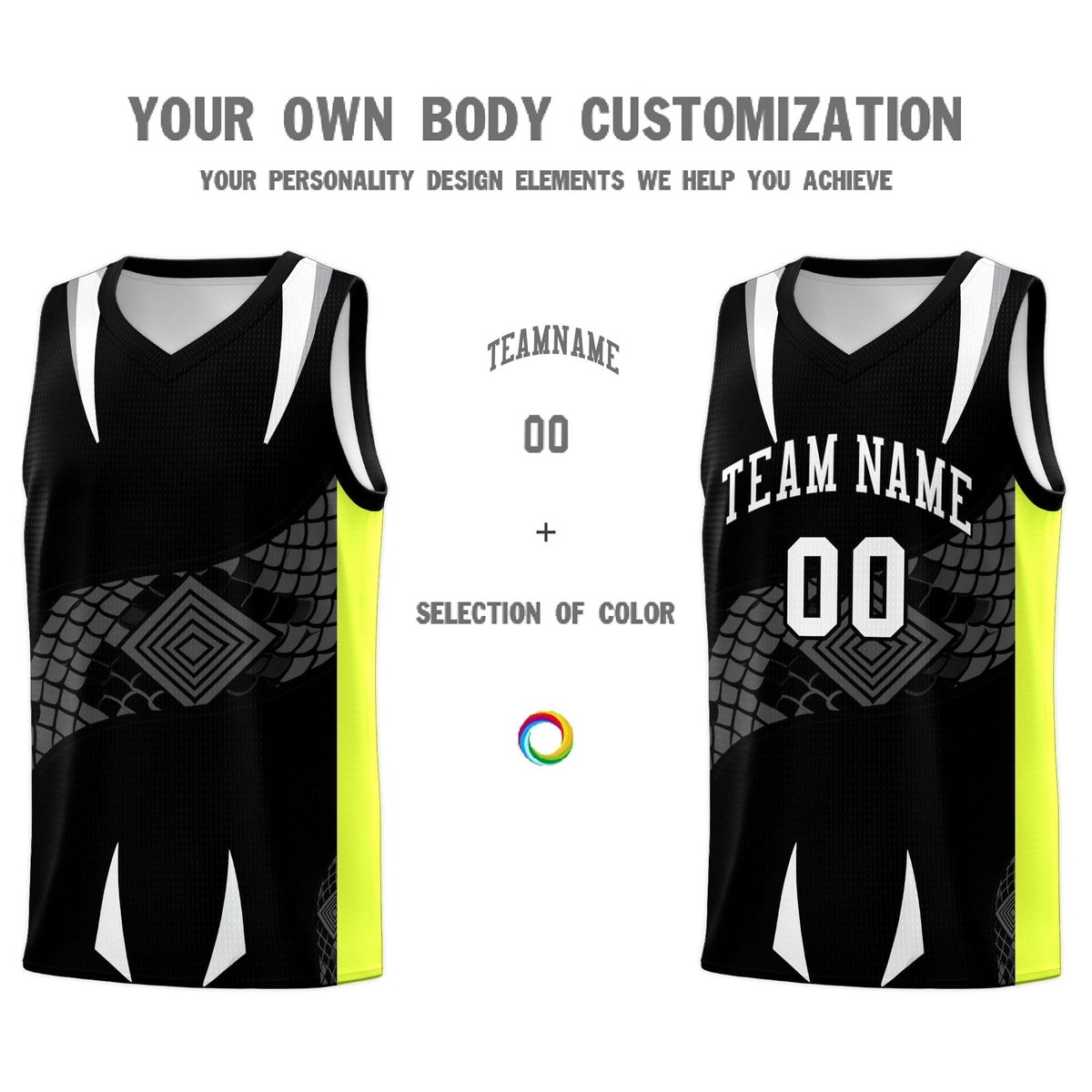 Custom Black Neon Green Snake Scale Venomous Fang Breathable Graffiti Pattern Basketball Suit Jersey