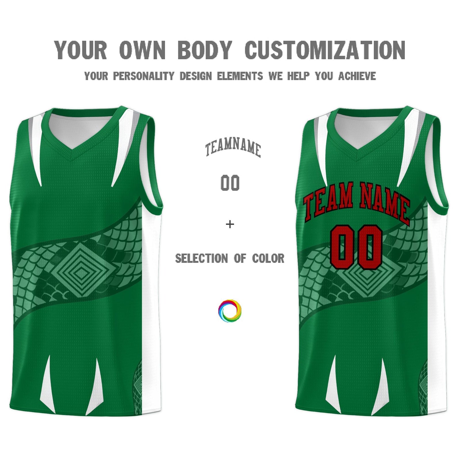 Custom Kelly Green White Snake Scale Venomous Fang Breathable Graffiti Pattern Basketball Suit Jersey