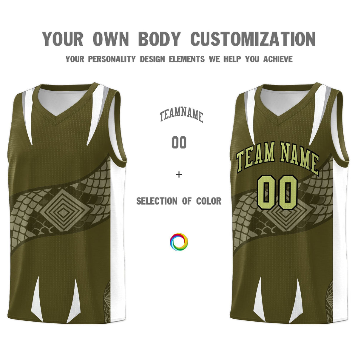 Custom Olive White Snake Scale Venomous Fang Breathable Graffiti Pattern Basketball Suit Jersey