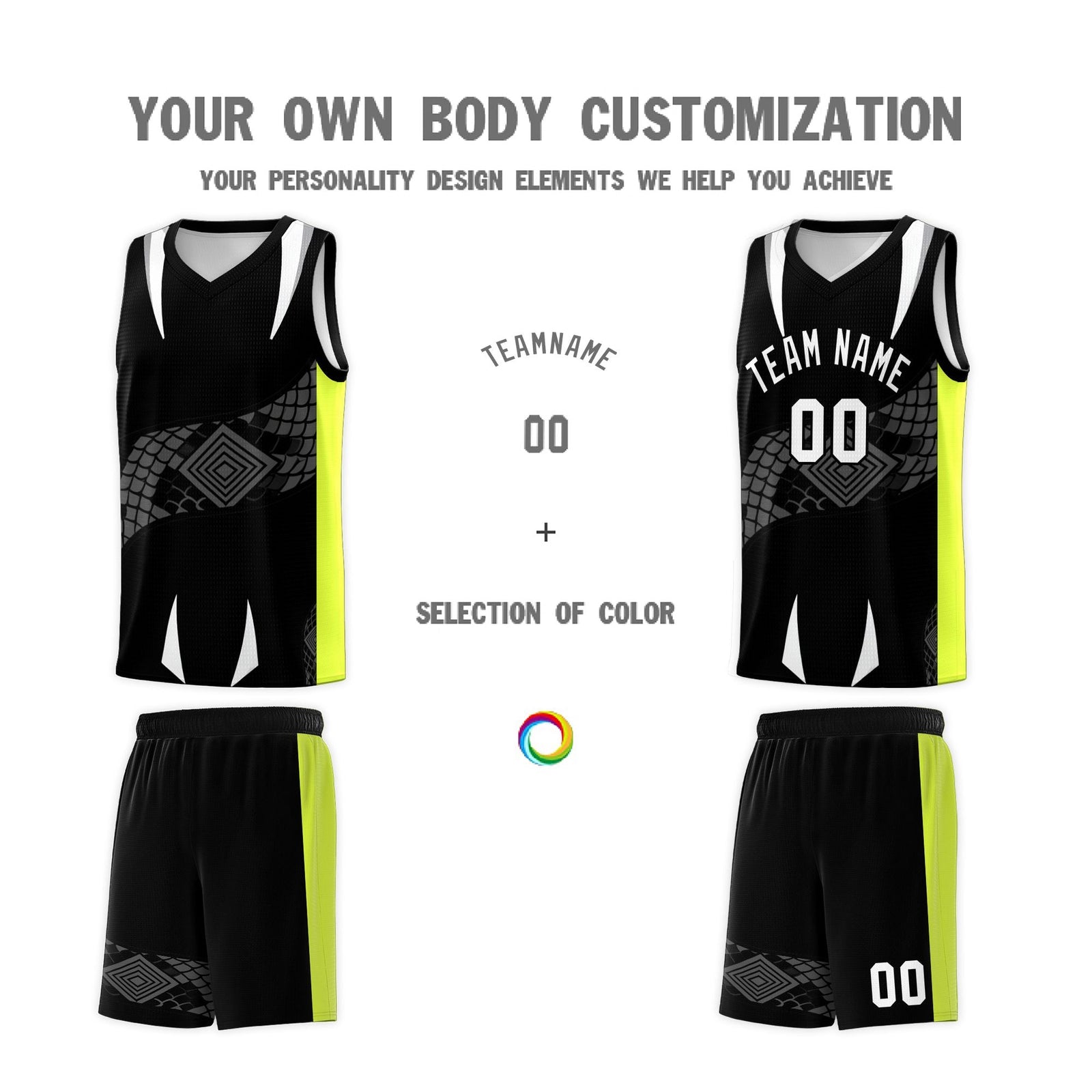 Custom Black Neon Green Snake Scale Venomous Fang Breathable Graffiti Pattern Basketball Suit Jersey