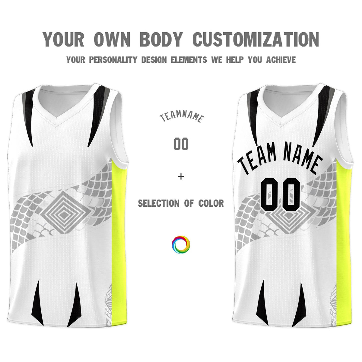 Custom White Neon Green Snake Scale Venomous Fang for Clubs Graffiti Pattern Basketball Suit Jersey