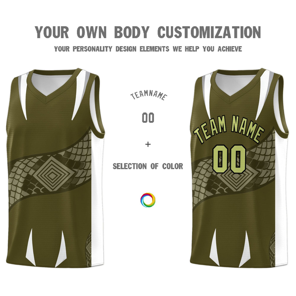 Custom Olive White Snake Scale Venomous Fang Breathable Graffiti Pattern Basketball Suit Jersey