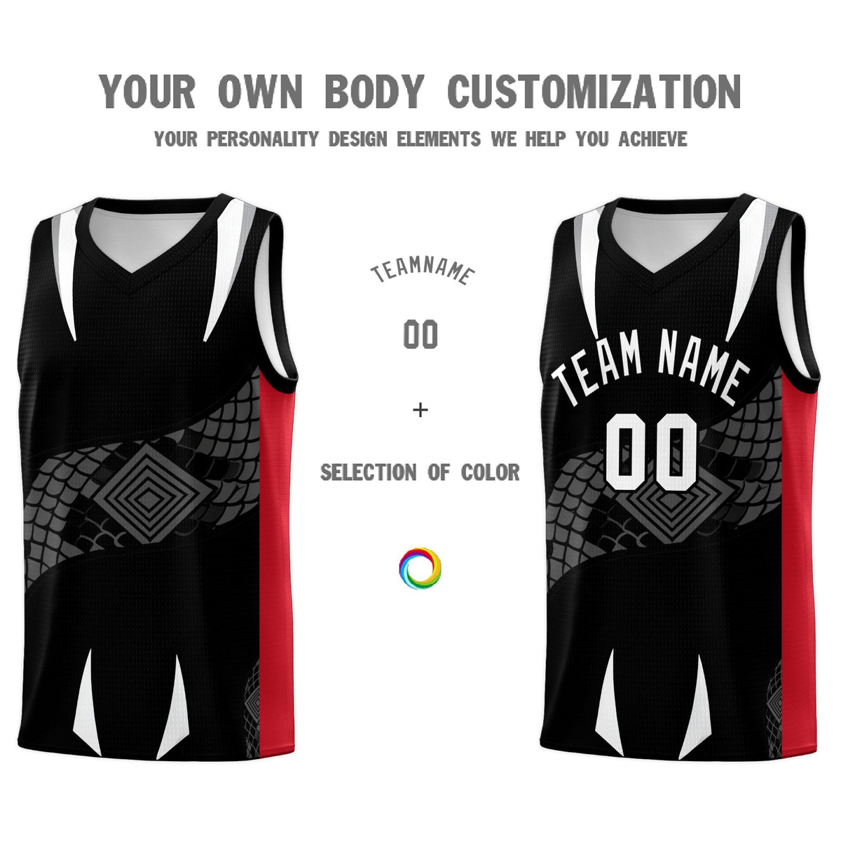 Custom Black Red  Snake Scale Venomous Fang Breathable Graffiti Pattern Basketball Suit Jersey