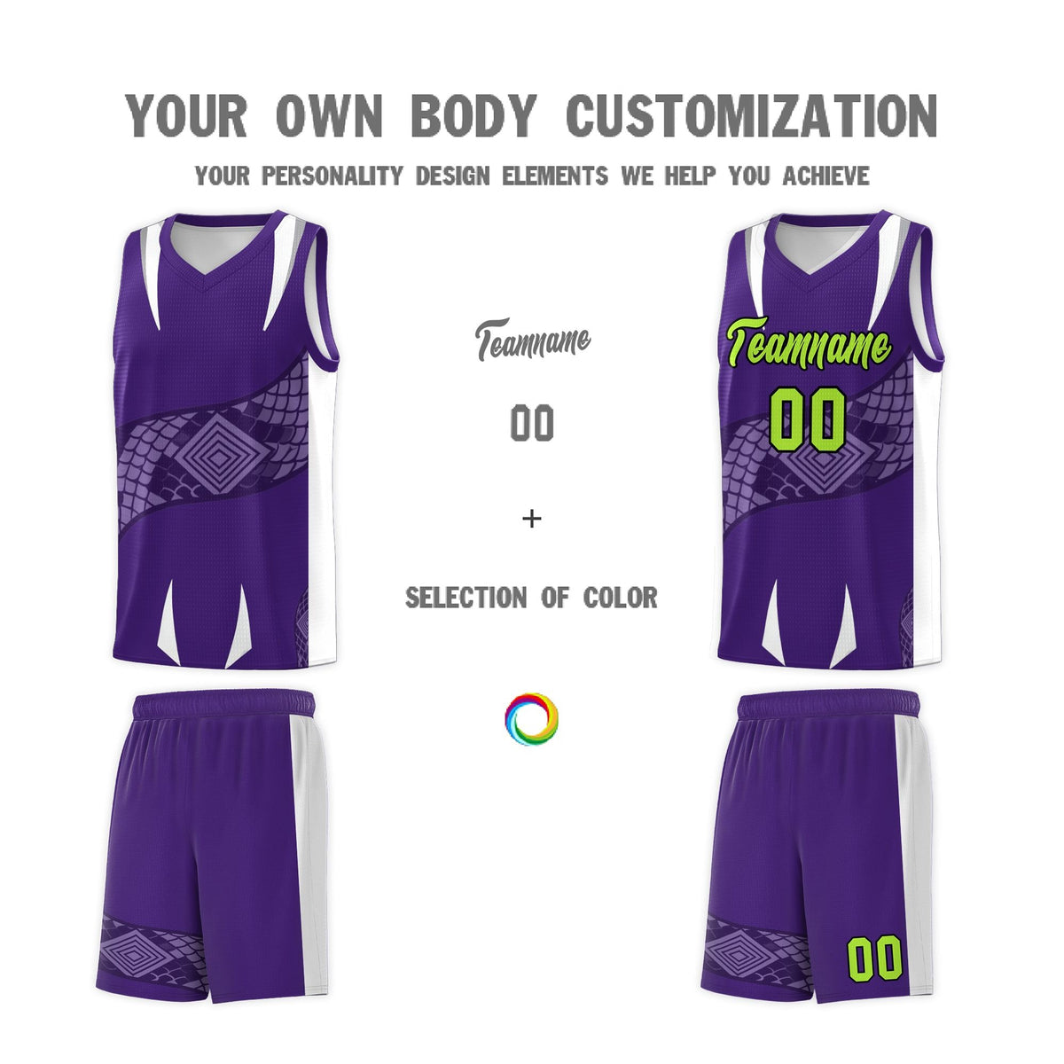 Custom Purple White Snake Scale Venomous Fang Breathable Graffiti Pattern Basketball Suit Jersey