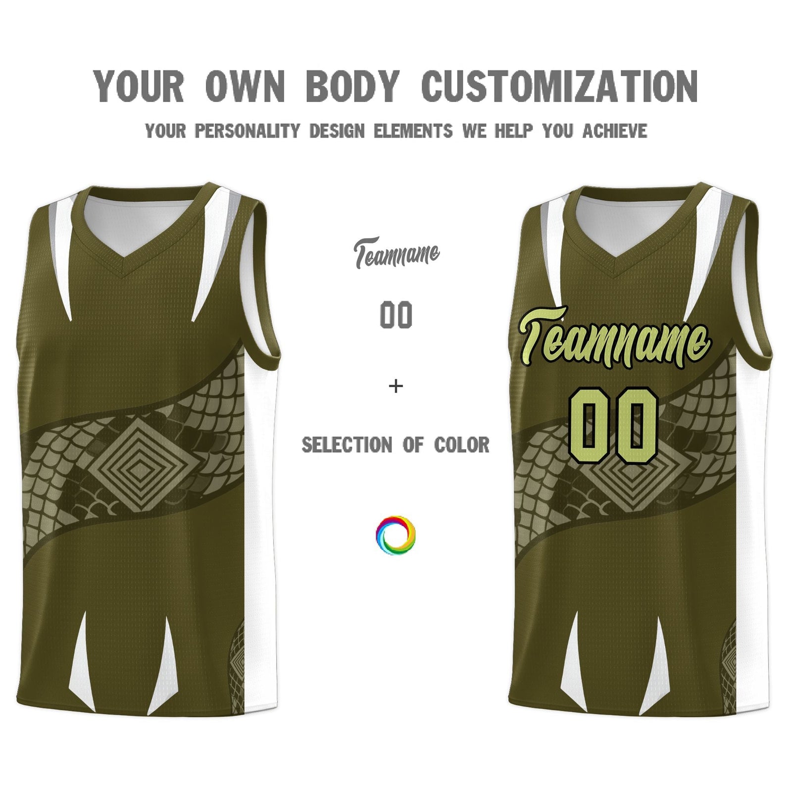 Custom Olive White Snake Scale Venomous Fang Breathable Graffiti Pattern Basketball Suit Jersey