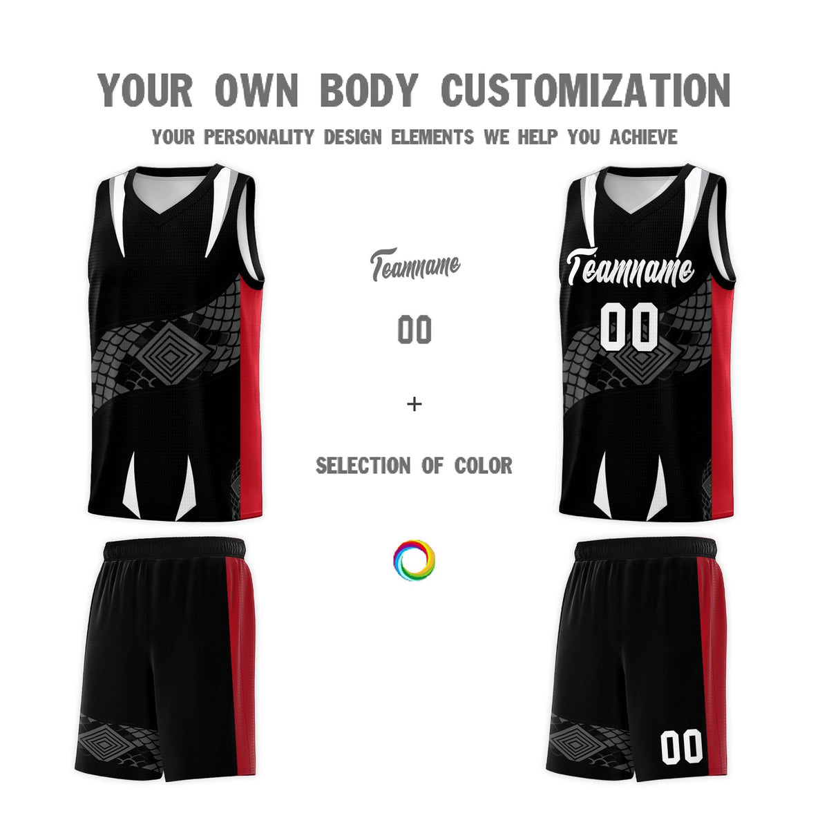 Custom Black Red  Snake Scale Venomous Fang Breathable Graffiti Pattern Basketball Suit Jersey