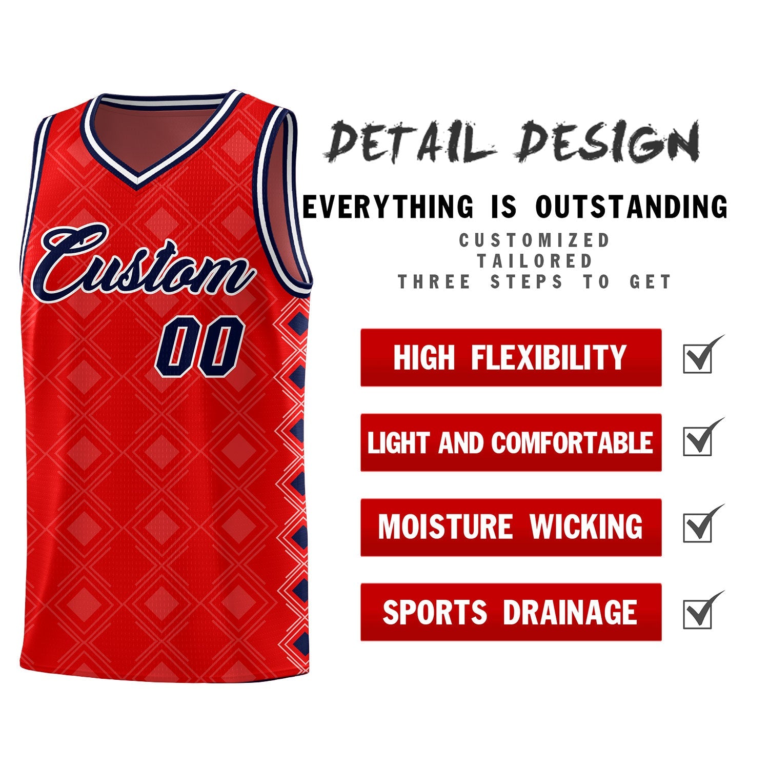 Custom Red Side Blocks Sports Uniform Basketball Jersey