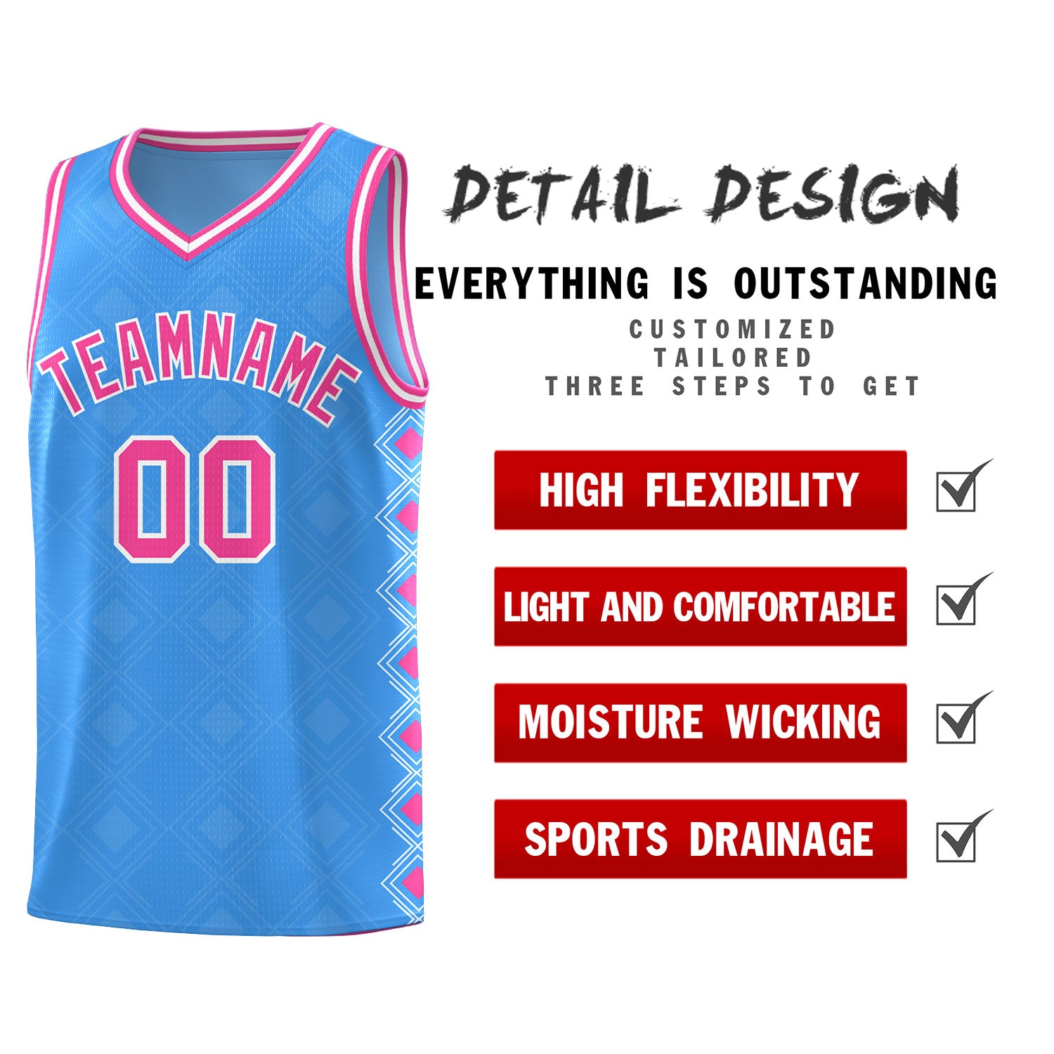 Custom Light Blue Side Blocks Sports Uniform Basketball Jersey