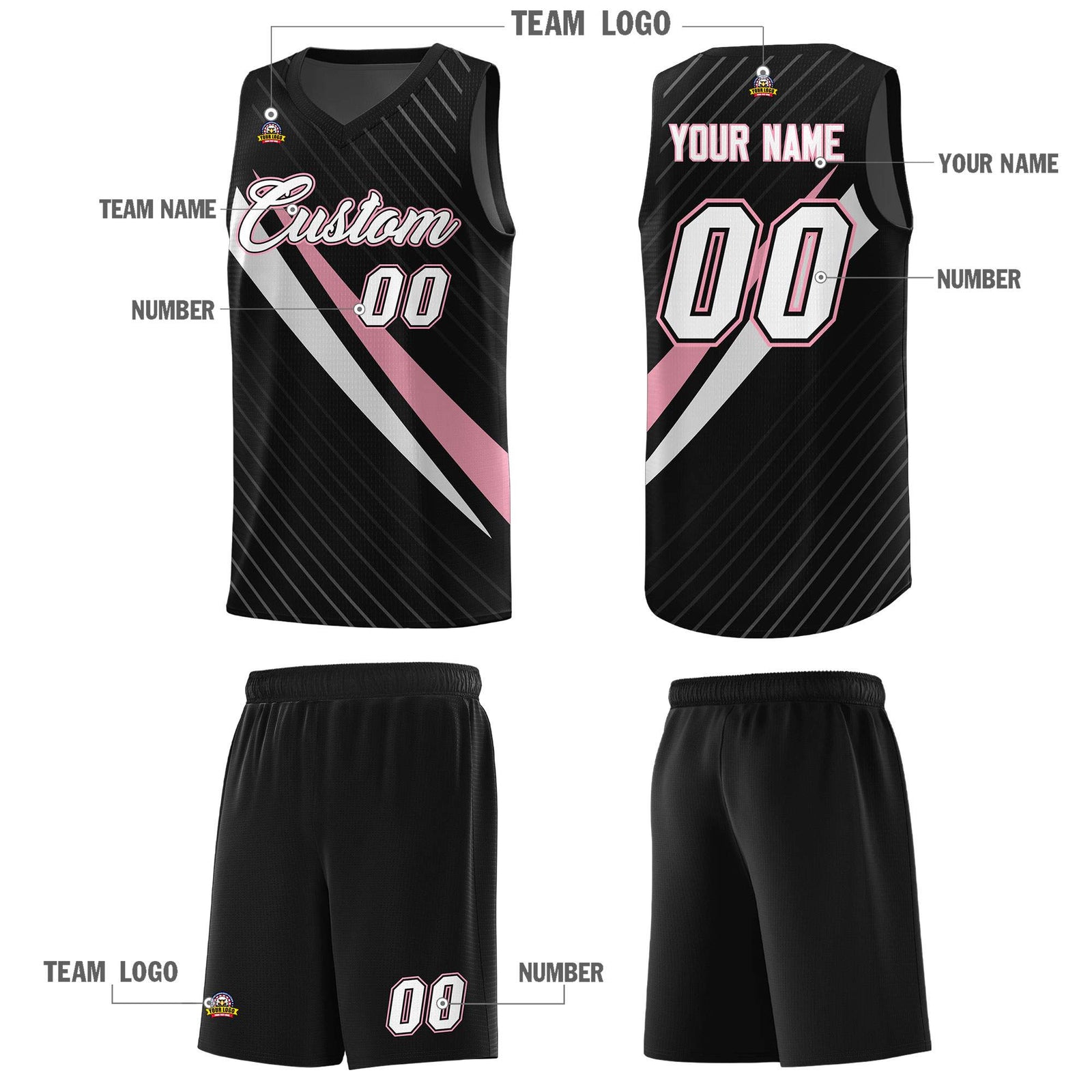 Custom Black Diagonal Pinstripe Pattern Color Block Sports Uniform Basketball Jersey
