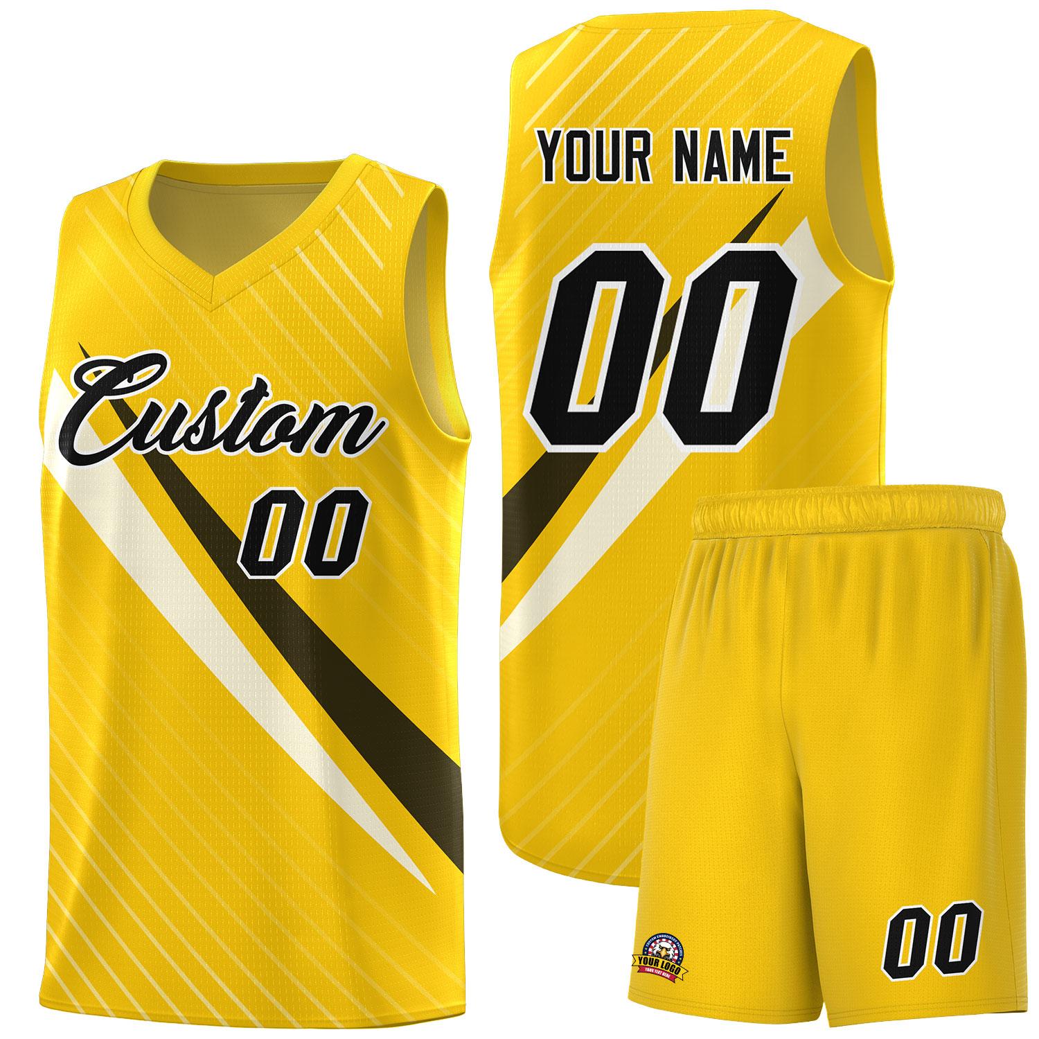 Custom Gold Diagonal Pinstripe Pattern Color Block Sports Uniform Basketball Jersey