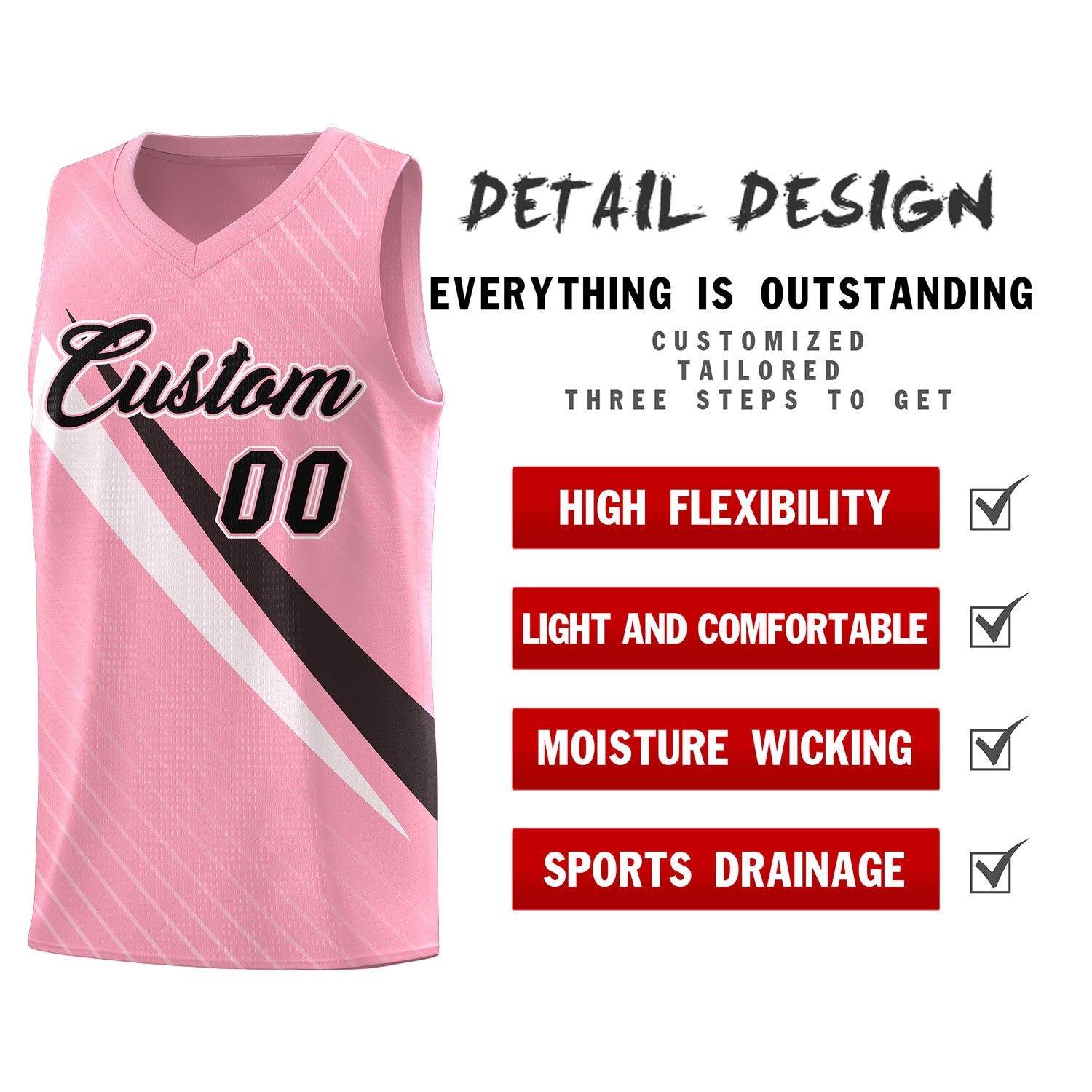 Custom Light Pink Diagonal Pinstripe Pattern Color Block Sports Uniform Basketball Jersey