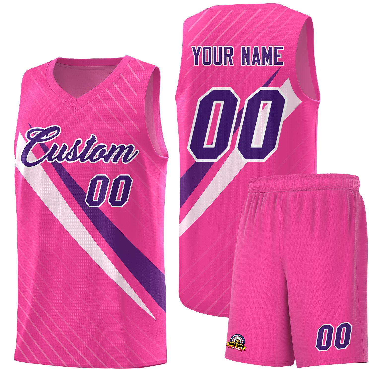 Custom Pink Diagonal Pinstripe Pattern Color Block Sports Uniform Basketball Jersey